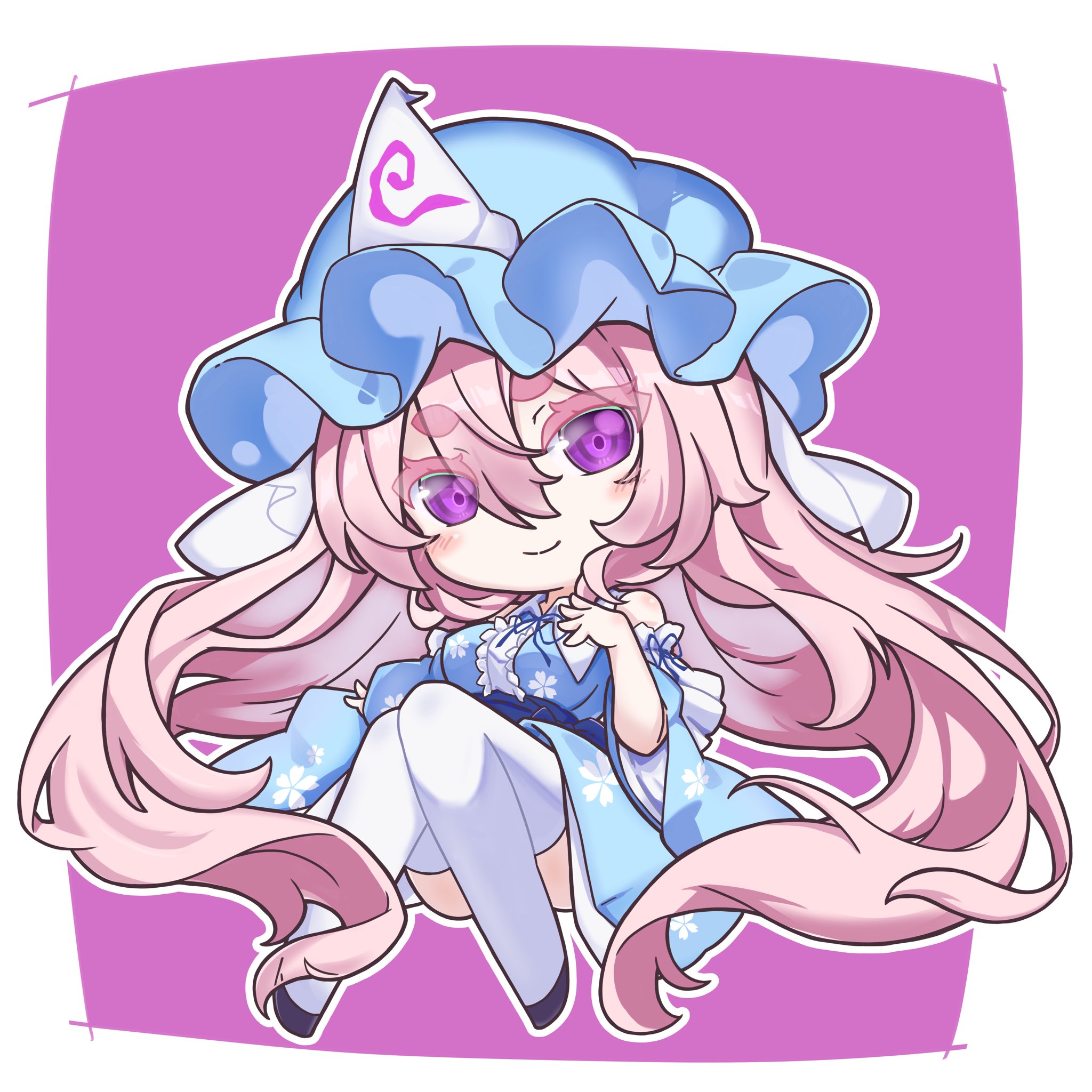 yako amahara, saigyouji yuyuko, touhou, commentary, highres, symbol-only commentary, 1girl, blue dress, blue hat, border, cherry blossom print, chibi, chibi only, dress, floral print, full body, hair between eyes, hat, long hair, looking at viewer, mob cap, outline, outside border, pink background, pink hair, print dress, purple eyes, simple background, smile, solo, thighhighs, white border, white outline, white thighhighs