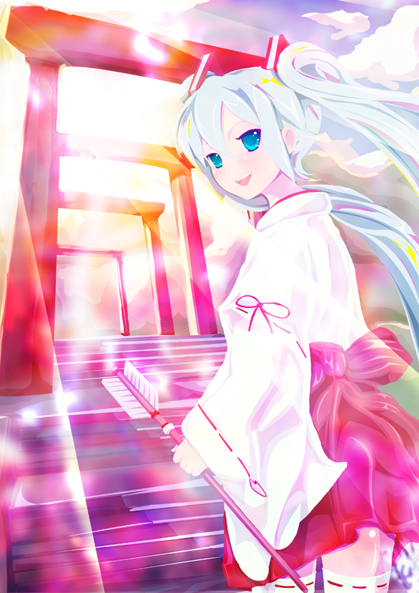 teruru, hatsune miku, vocaloid, bad id, bad pixiv id, 1girl, adapted uniform, aqua hair, arrow (projectile), cloud, female focus, hakama, hakama skirt, hamaya, japanese clothes, lens flare, long hair, miko, red hakama, skirt, sky, solo, stairs, thighhighs, torii, twintails, very long hair, zettai ryouiki