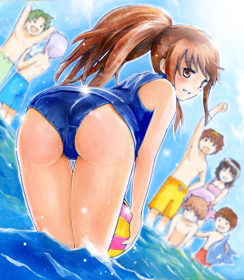 mayo riyo, asahina mikuru, asahina mitsuru, koizumi itsuki, koizumi itsuki (female), kyon, kyon no imouto, kyonko, kyonko's brother, nagato yuki, nagato yuuki, suzumiya haruhi, suzumiya haruhiko, tsuruya, tsuruya-senpai, suzumiya haruhi no yuuutsu, suzumiya haruhiko no yuuutsu, bad id, bad pixiv id, 00s, 2girls, 5boys, ass, ball, beachball, bent over, brown eyes, brown hair, genderswap, genderswap (ftm), genderswap (mtf), multiple boys, multiple girls, one-piece swimsuit, ponytail, school swimsuit, sparkle, swimsuit