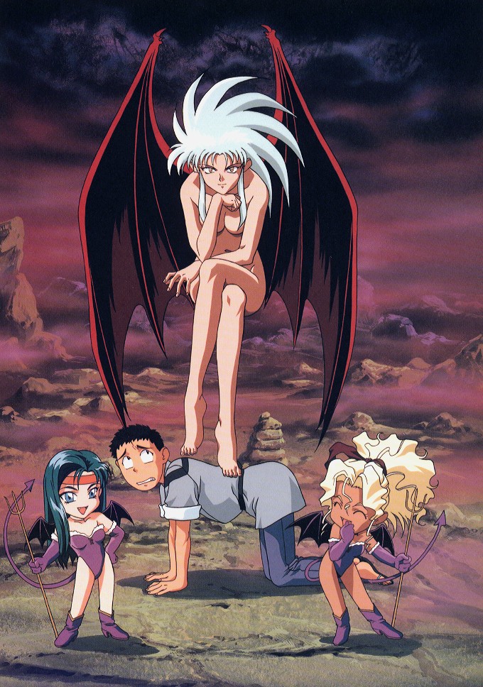 kuramitsu mihoshi, makibi kiyone, masaki tenchi, ryouko (tenchi muyou!), tenchi muyou!, tenchi muyou! uchuu hen, silver hair, 1990s (style), 1boy, 3girls, black hair, blonde hair, blue eyes, chibi, clothed male nude female, crossed legs, demon girl, green hair, headband, leotard, multiple girls, nude, one-piece swimsuit, polearm, retro artstyle, sitting, spear, spiked hair, swimsuit, tail, trident, weapon, wings