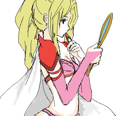 pontaouka, rosa farrell, final fantasy, final fantasy iv, lowres, 1990s (style), 1girl, applying lipstick, applying makeup, applying own makeup, blonde hair, breasts, cosmetics, female focus, green eyes, lipstick, lipstick tube, makeup, mirror, oekaki, retro artstyle, simple background, solo