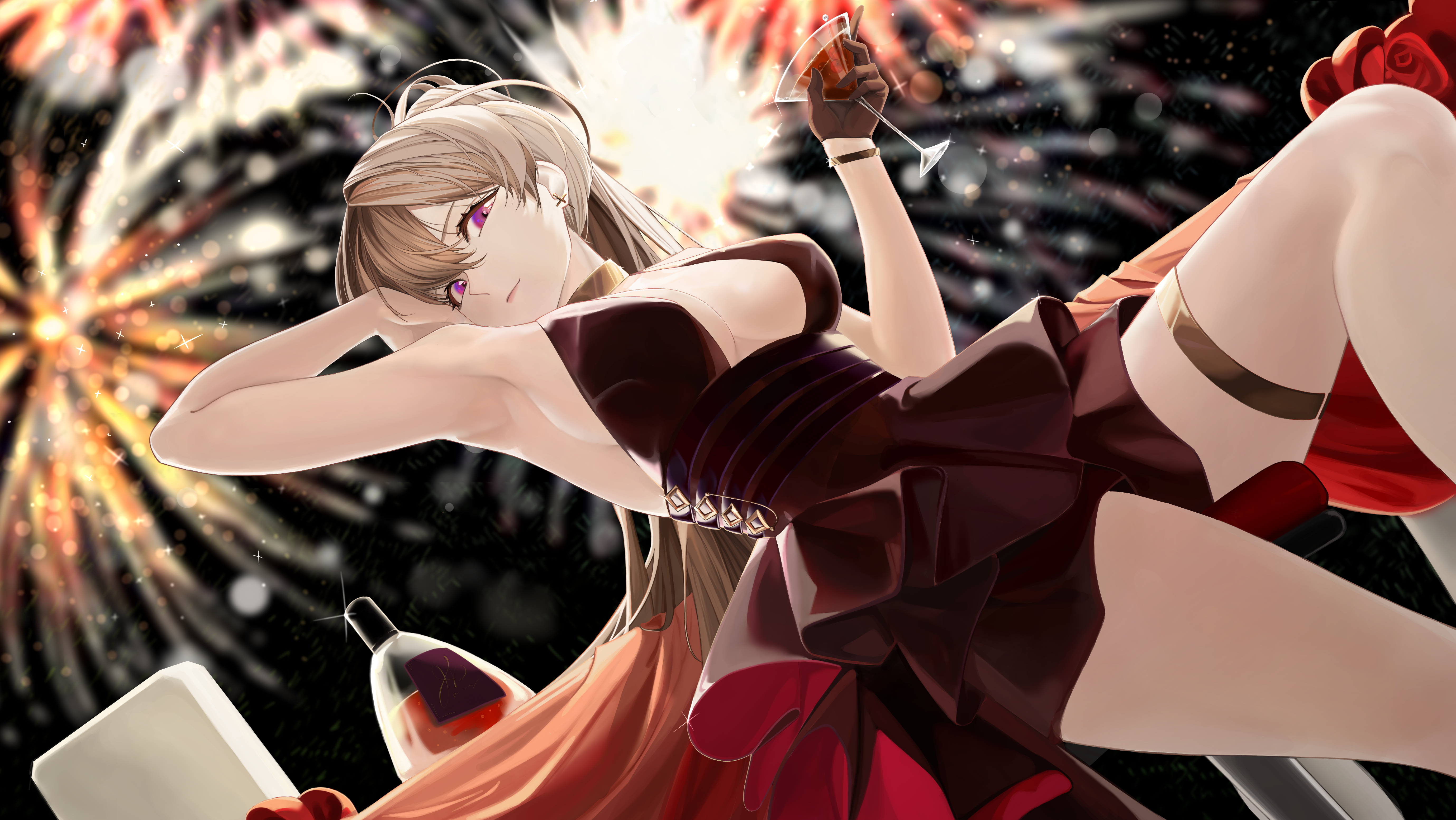 scarfpen01, jean bart (azur lane), jean bart (uninhibited bloodstone) (azur lane), azur lane, absurdres, commentary, english commentary, highres, 1girl, aerial fireworks, armpits, bare shoulders, blurry, blurry background, breasts, brown dress, brown gloves, brown hair, center opening, cleavage, cocktail dress, dress, evening gown, fireworks, from below, gloves, gold choker, hair between eyes, half gloves, halter dress, halterneck, hand in own hair, high ponytail, large breasts, looking at viewer, night, official alternate costume, ponytail, purple eyes, sideless dress, single half glove