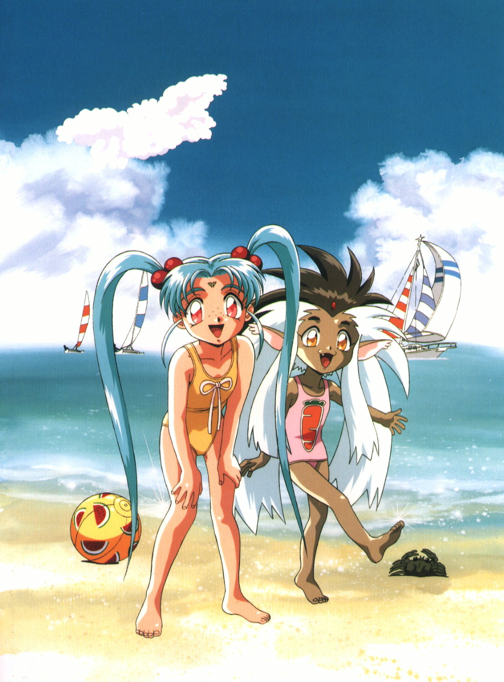 masaki sasami jurai, ryou-ouki, ryou-ouki (human), tenchi muyou!, highres, scan, scan artifacts, 1990s (style), 2girls, ball, barefoot, beach, blue hair, casual one-piece swimsuit, cloud, crab, crustacean, day, facial mark, fang, forehead mark, freckles, hair bobbles, hair ornament, happy, long hair, multiple girls, ocean, one-piece swimsuit, outdoors, personification, pointy ears, red eyes, retro artstyle, sand, spiked hair, swimsuit, twintails, very long hair, yellow eyes