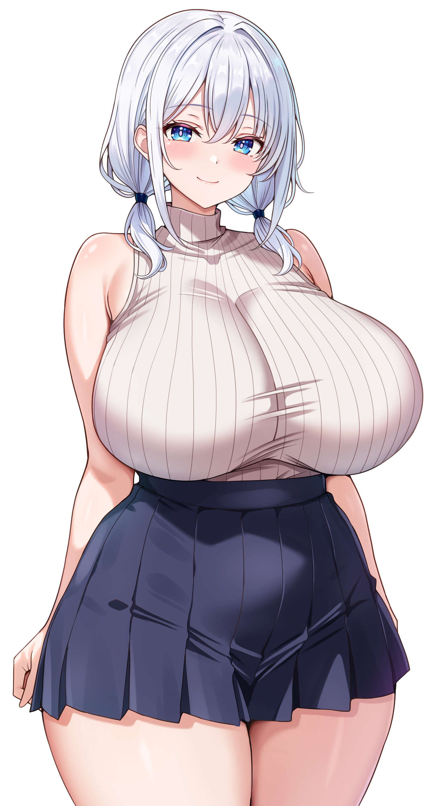 mitomumitomu, original, absurdres, highres, 1girl, bare shoulders, blue eyes, blue skirt, blush, breasts, large breasts, looking at viewer, low twintails, pleated skirt, ribbed shirt, shirt, simple background, skirt, sleeveless, sleeveless shirt, smile, solo, twintails, white background, white hair, white shirt