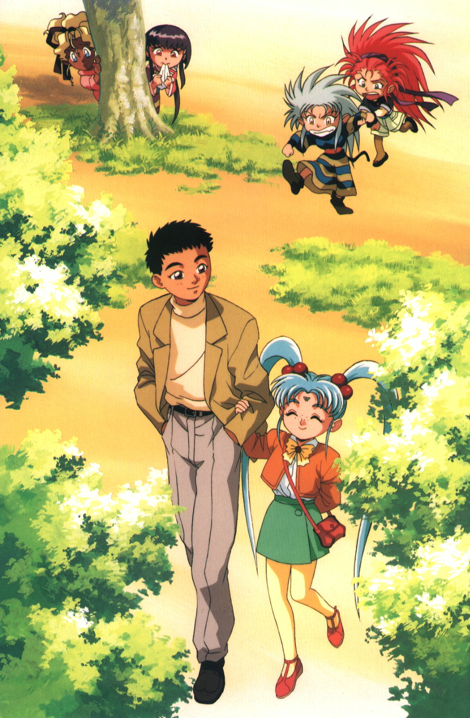 kajishima masaki, hakubi washuu, kuramitsu mihoshi, masaki aeka jurai, masaki sasami jurai, masaki tenchi, ryouko (tenchi muyou!), tenchi muyou!, highres, scan, scan artifacts, 1990s (style), 1boy, 5girls, black hair, blonde hair, blue eyes, blue hair, facial mark, forehead mark, freckles, green eyes, long hair, mother and daughter, multiple girls, purple hair, red eyes, red hair, retro artstyle, spiked hair, tree, twintails, yellow eyes