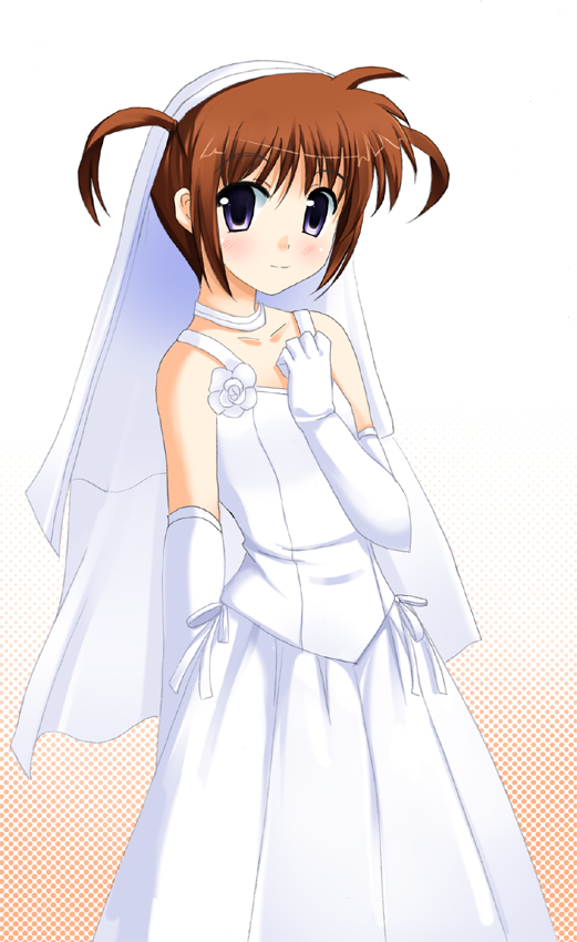 odaya, odayan, takamachi nanoha, lyrical nanoha, mahou shoujo lyrical nanoha, 00s, 1girl, bride, dress, female focus, solo, twintails, wedding dress