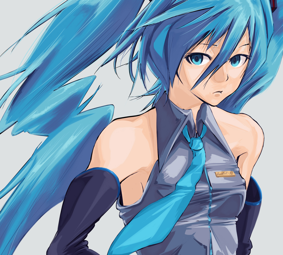 saka kishirou, hatsune miku, vocaloid, bad id, bad pixiv id, 1girl, aqua eyes, aqua hair, blue eyes, blue hair, breasts, detached sleeves, female focus, long hair, looking at viewer, matching hair/eyes, necktie, shirt, solo, twintails, very long hair