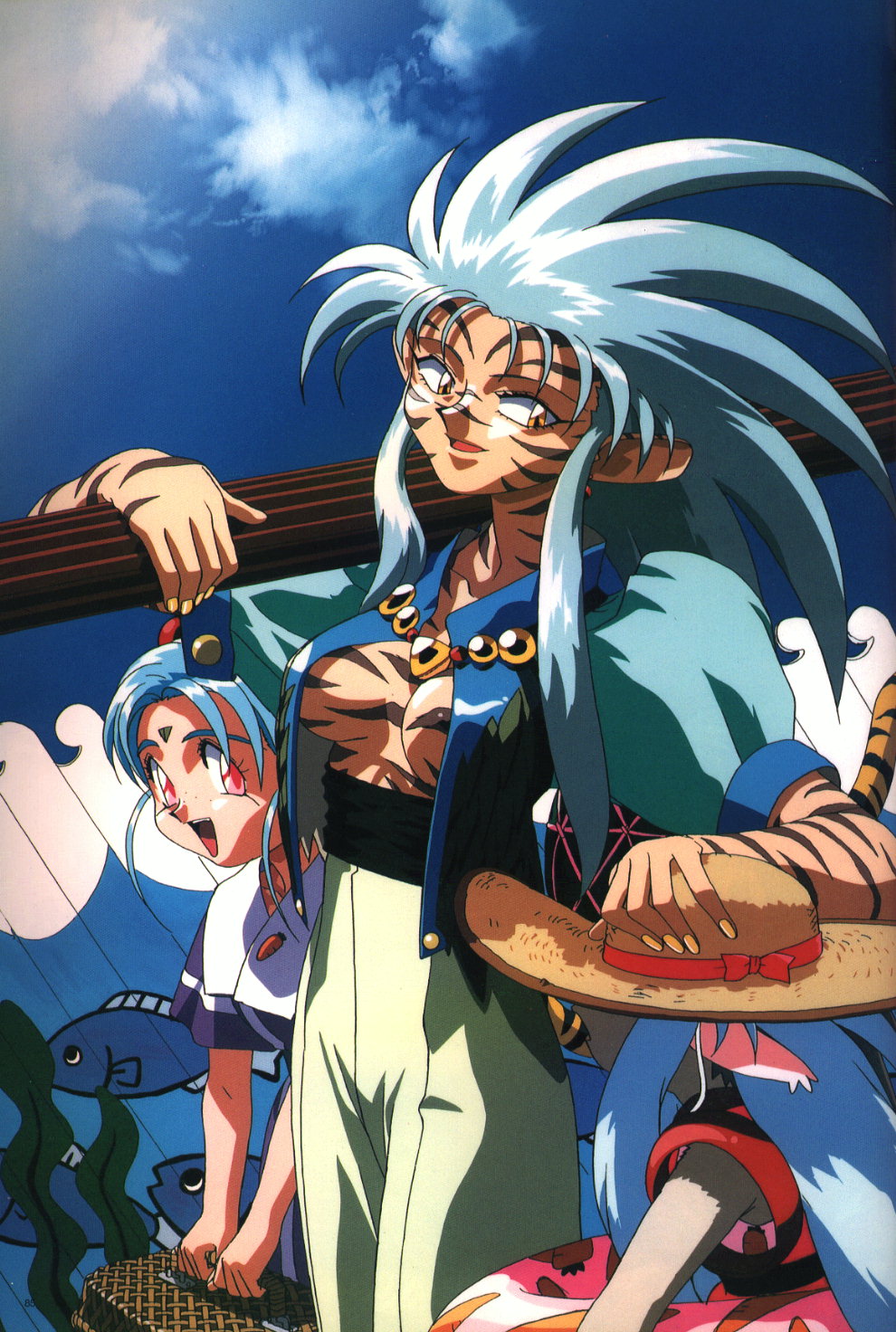 kajishima masaki, masaki sasami jurai, ryou-ouki, ryou-ouki (human), ryouko (tenchi muyou!), tenchi muyou!, silver hair, highres, scan, scan artifacts, 1990s (style), 3girls, blue hair, cloud, facial mark, forehead mark, freckles, hat, multiple girls, nail polish, red eyes, retro artstyle, sky, spiked hair, straw hat, yellow eyes