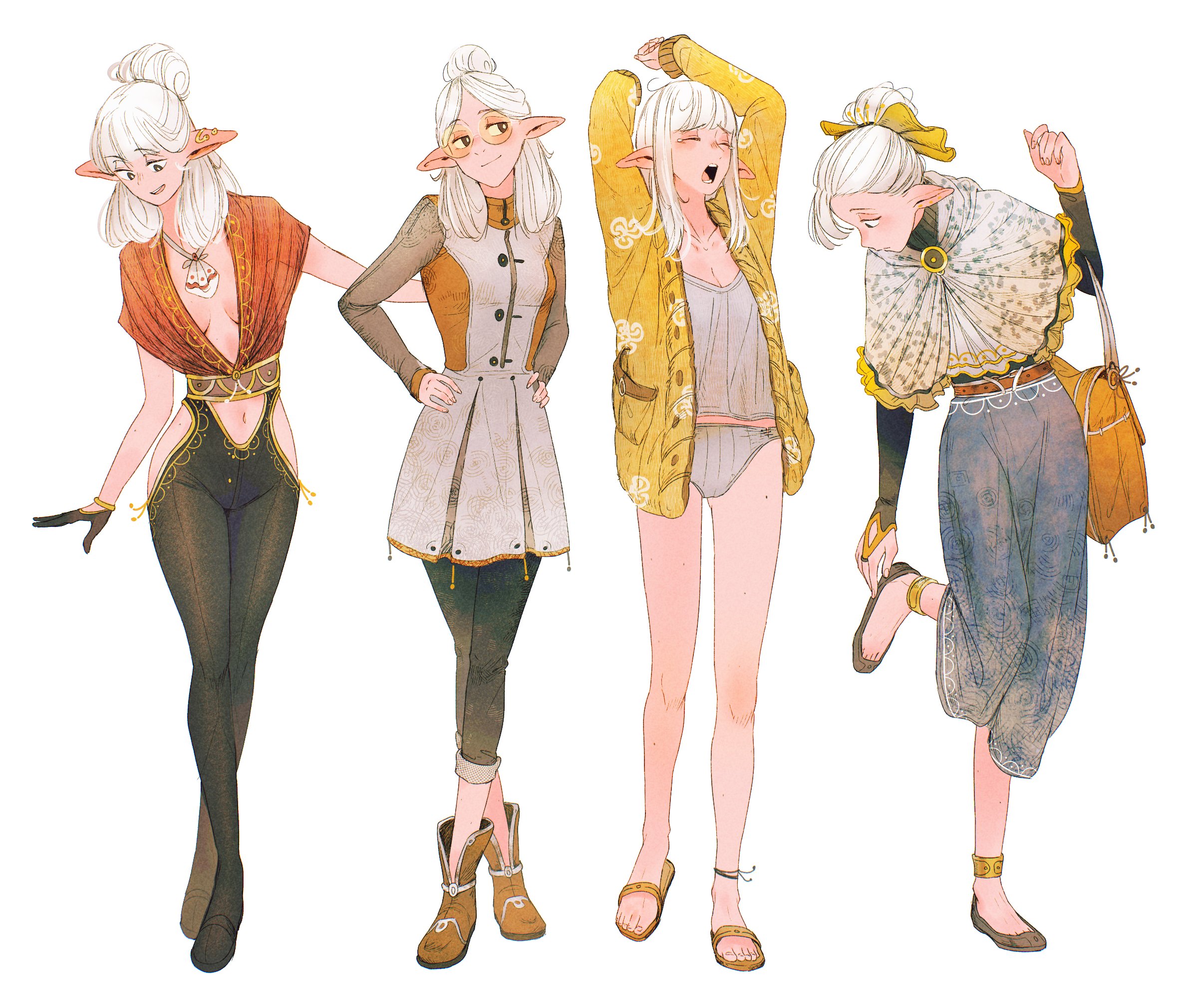 spindle (aidenr0), asimov (spindle (aidenr0)), original, commentary, english commentary, highres, 1girl, arms up, bag, black gloves, black pants, black pantyhose, black shirt, blue pants, boots, breasts, capelet, center opening, cleavage, closed eyes, clothing cutout, crossed legs, dress, elf, fashion, feet, full body, glasses, gloves, hair bun, half gloves, hands on own hips, hip vent, holding, holding bag, long hair, multiple views, navel, navel cutout, open mouth, panties, pants, pantyhose, pointy ears, sandals, shirt, simple background, smile, standing, standing on one leg, sweater, toes, underwear, white background, white capelet, white dress, white hair, white panties, white shirt, yawning, yellow sweater
