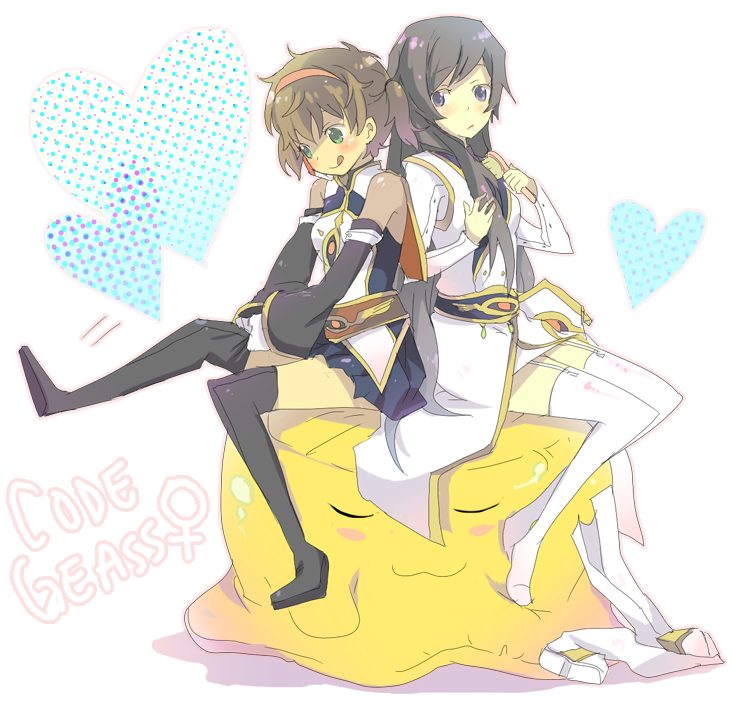 kl (dgzonbi), cheese-kun, kururugi suzaku, luluko, suzako, code geass, pizza hut, 00s, 2girls, :q, black hair, blush, brown hair, detached sleeves, dressing, genderswap, genderswap (mtf), green eyes, hair brush, hairband, headband, heart, long hair, multiple girls, purple eyes, short hair, short twintails, sitting, skirt, thighhighs, tongue, tongue out, twintails, white thighhighs, zettai ryouiki