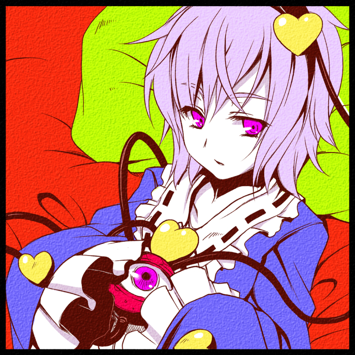 tsukinami, tsukinami kousuke, komeiji satori, touhou, 1girl, border, female focus, flat color, heart, long sleeves, pale skin, purple eyes, purple hair, short hair, sleeves past wrists, solo, third eye
