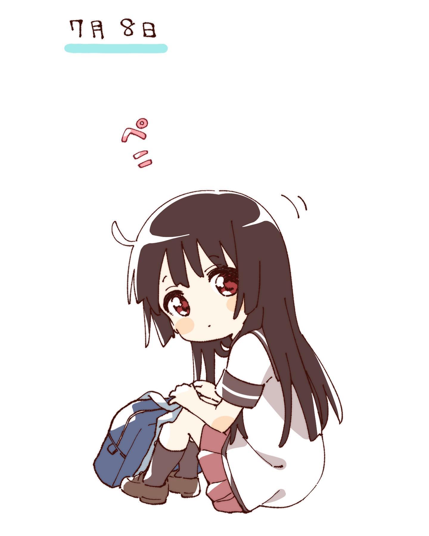 namori, matsumoto rise, yuruyuri, hashtag-only commentary, highres, 1girl, bag, black hair, blush stickers, brown shoes, brown socks, closed mouth, dress, full body, long hair, looking at viewer, nanamori school uniform, pleated dress, red dress, red eyes, school bag, school uniform, shirt, shoes, short sleeves, simple background, sitting, socks, solo, summer uniform, white background, white shirt