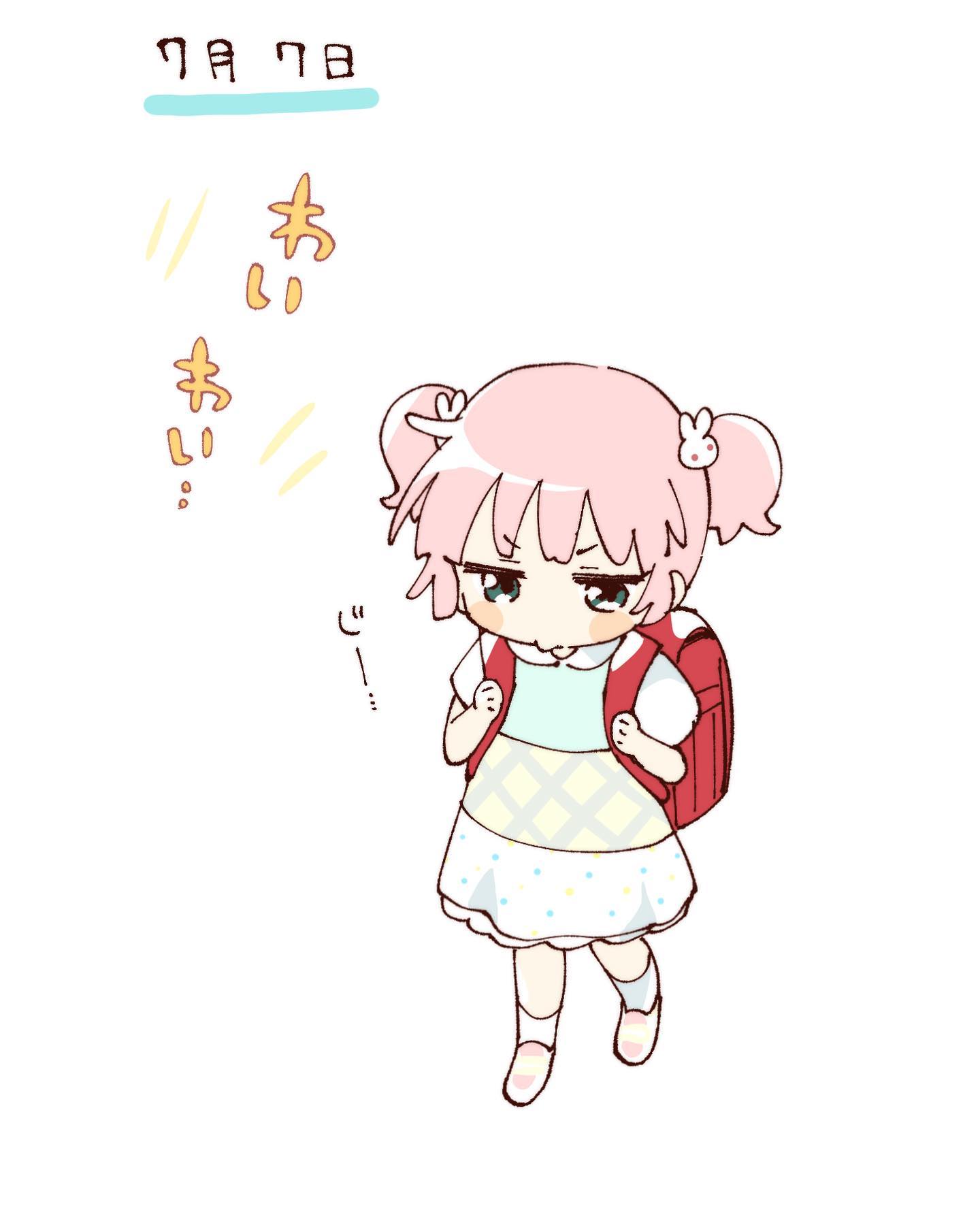 namori, yoshikawa chinatsu, yuruyuri, hashtag-only commentary, highres, translation request, 1girl, aged down, backpack, bag, blush stickers, closed mouth, dress, full body, hair ornament, pink hair, pink shoes, rabbit hair ornament, randoseru, shoes, short hair, short sleeves, simple background, socks, solo, standing, two side up, v-shaped eyebrows, white background, white dress, white socks, yurie mouth
