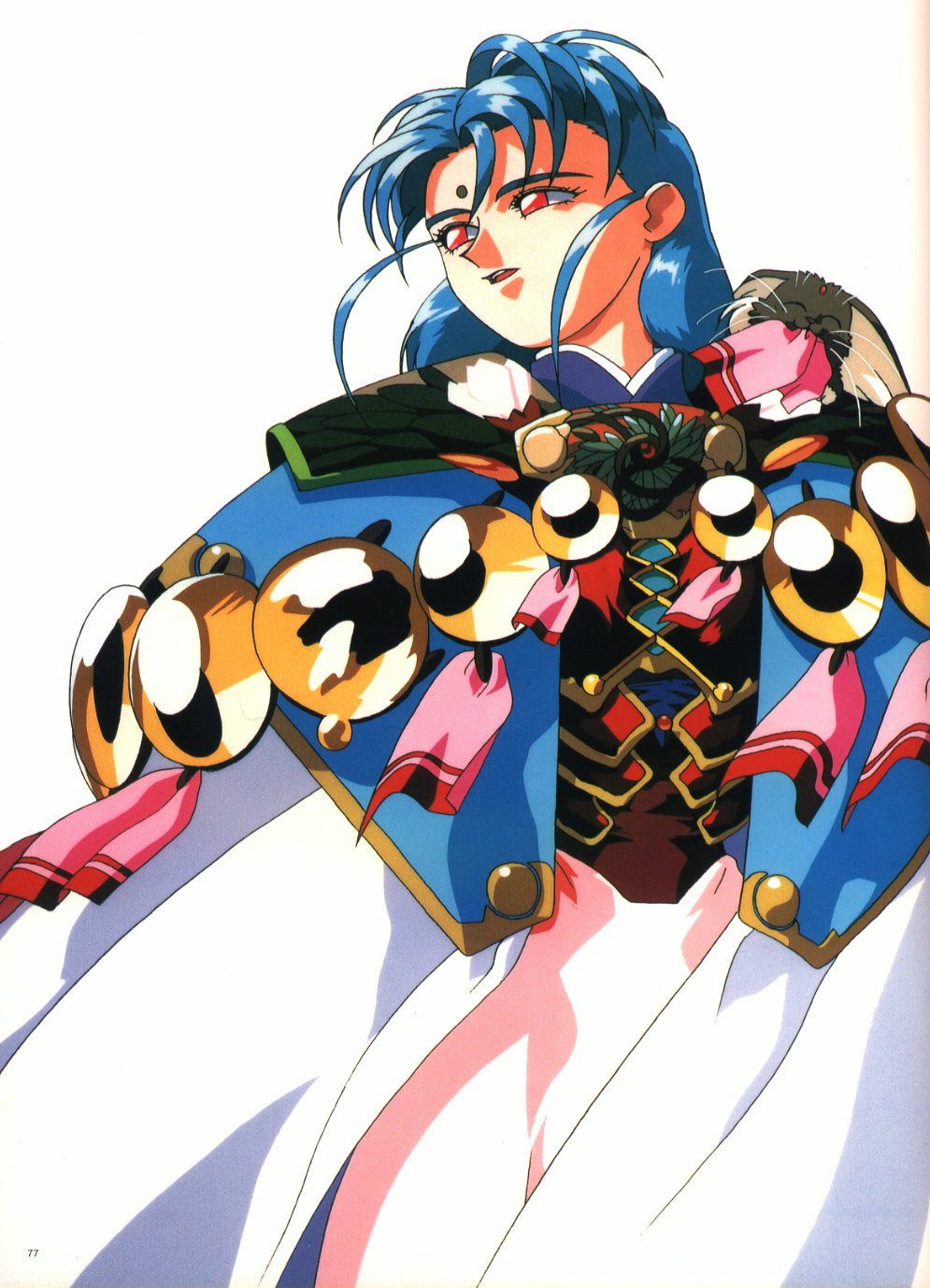 kajishima masaki, ryou-ouki, tsunami (tenchi muyou!), tenchi muyou!, highres, scan, scan artifacts, 1990s (style), 1girl, blue hair, cowboy shot, facial mark, forehead mark, poster (medium), red eyes, retro artstyle, simple background, white background