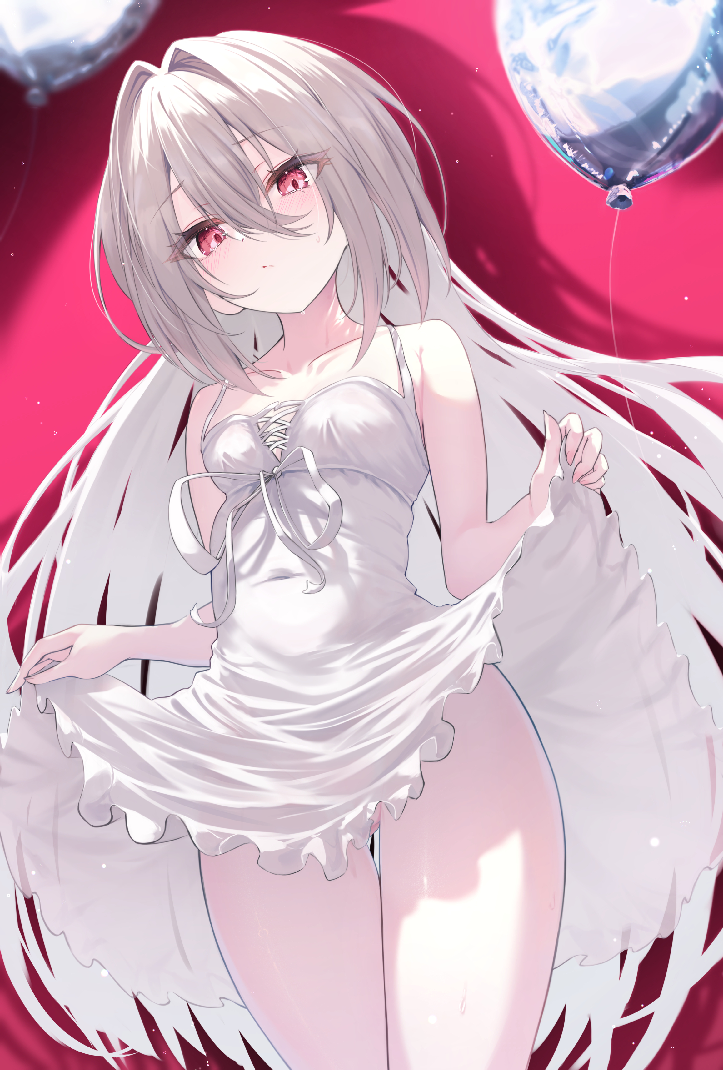 hatenashun422, original, absurdres, commentary request, highres, 1girl, balloon, bare shoulders, clothes lift, collarbone, cowboy shot, dress, dress lift, hair intakes, lifting own clothes, long hair, looking at viewer, pink eyes, shadow, sleeveless, sleeveless dress, solo, thighs, very long hair, white dress, white hair