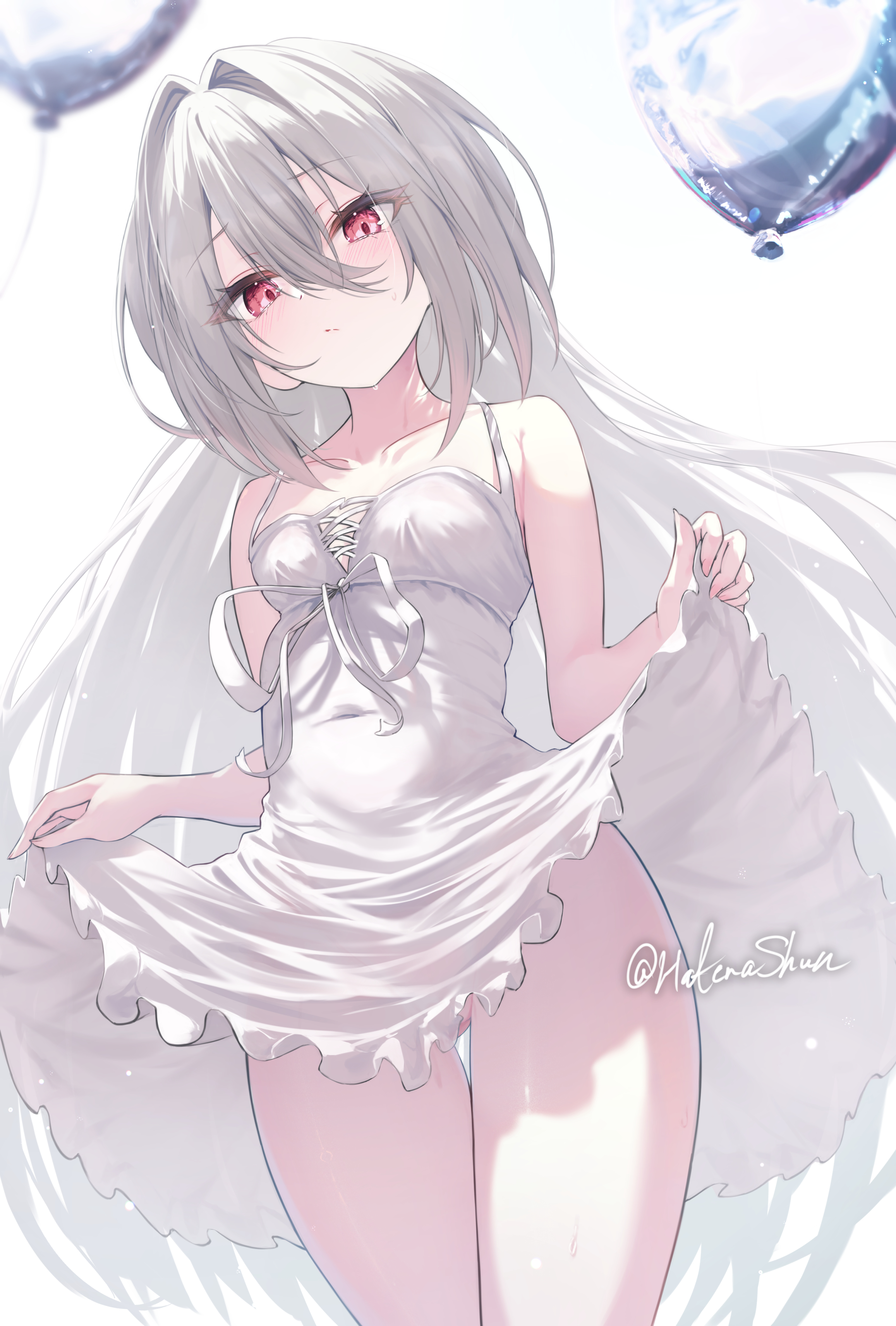 hatenashun422, original, absurdres, commentary request, highres, 1girl, artist name, balloon, bare shoulders, clothes lift, collarbone, cowboy shot, dress, dress lift, hair intakes, lifting own clothes, long hair, looking at viewer, pink eyes, simple background, sleeveless, sleeveless dress, solo, thighs, twitter username, very long hair, white background, white dress, white hair