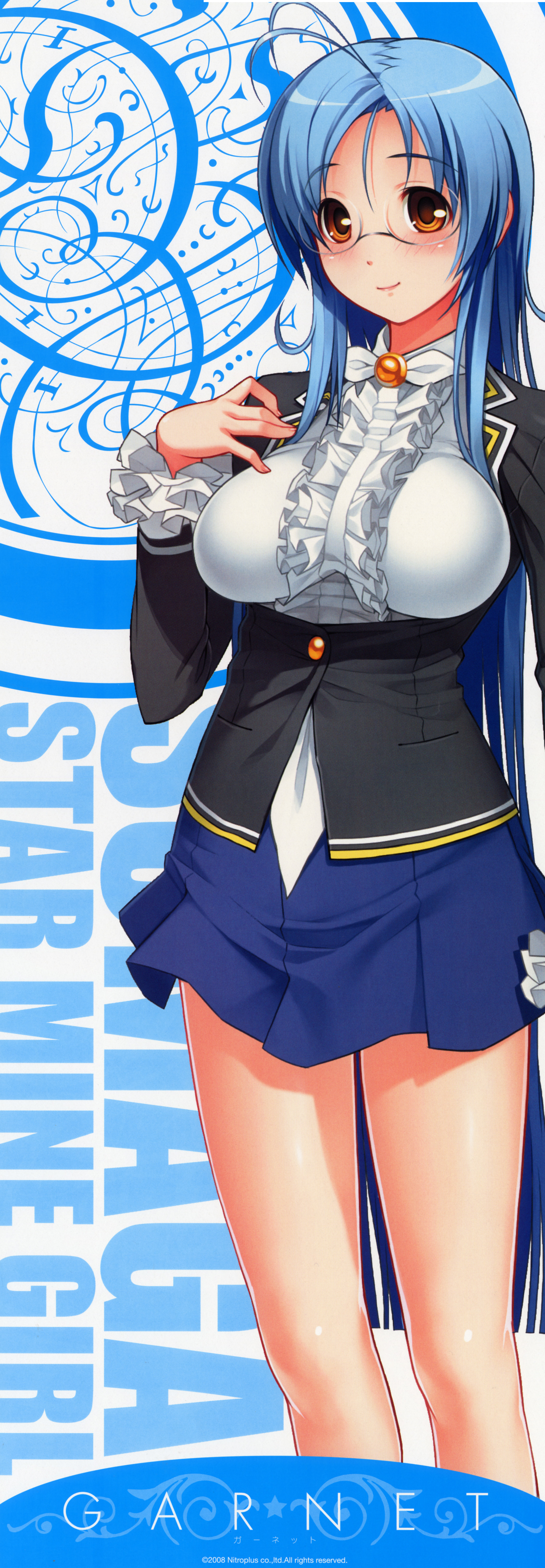 garnet, tsuji santa, garnet (sumaga), nitroplus, sumaga, absurdres, highres, long image, tall image, ahoge, blue hair, character name, copyright name, glasses, long hair, miniskirt, parted bangs, skirt, smile, solo, standing, very long hair, yellow eyes