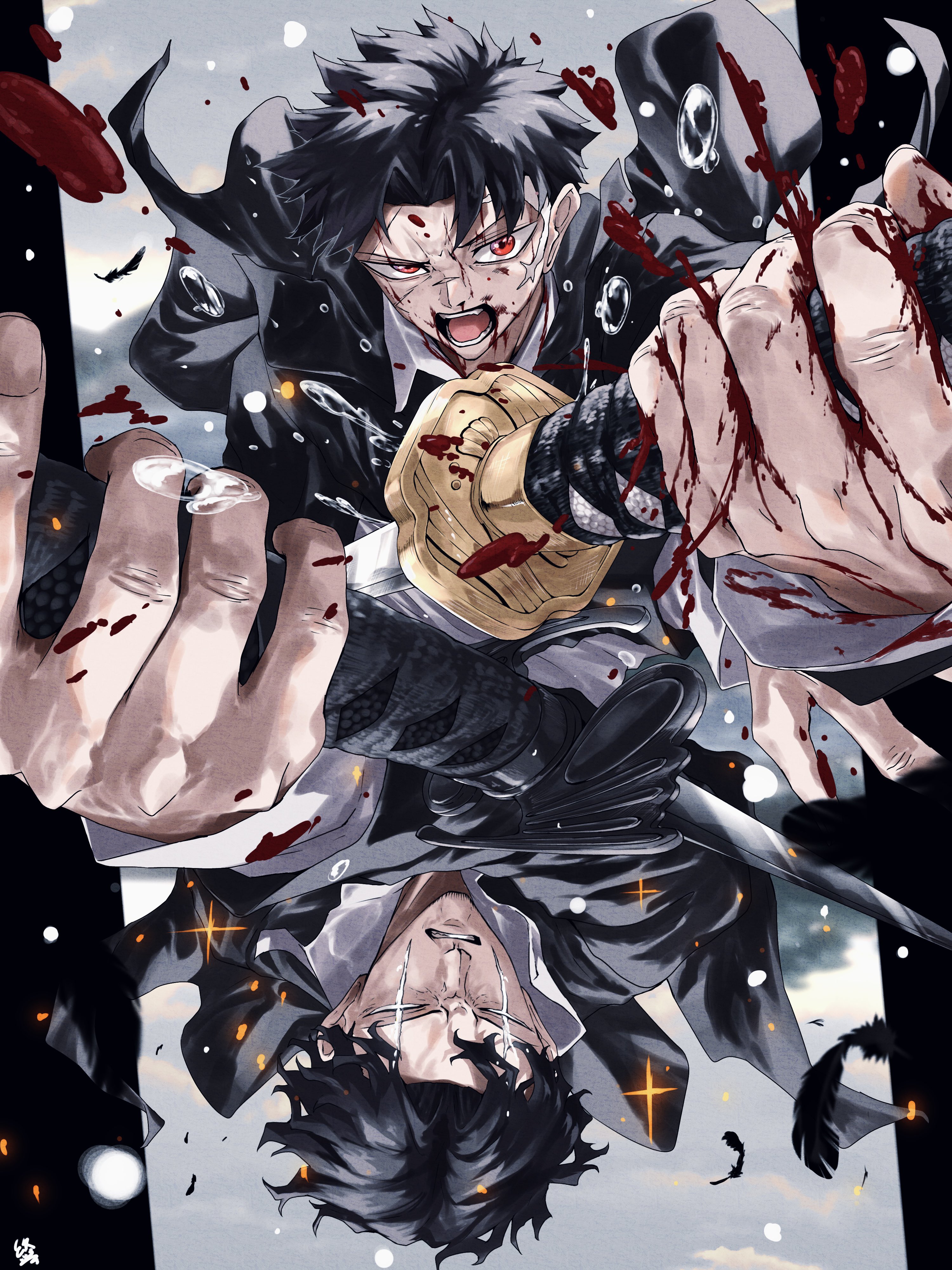 endo yohane, rokuhira chihiro, samura seiichi, kagurabachi, absurdres, highres, 2boys, black coat, black hair, black jacket, blood, blood on hands, closed eyes, coat, collared shirt, enten (sword), facial scar, feathers, holding, holding sword, holding weapon, jacket, katana, male focus, multiple boys, red eyes, scar, scar across eye, scar across eyes, scar on cheek, scar on face, shirt, short hair, sword, tobimune (sword), weapon