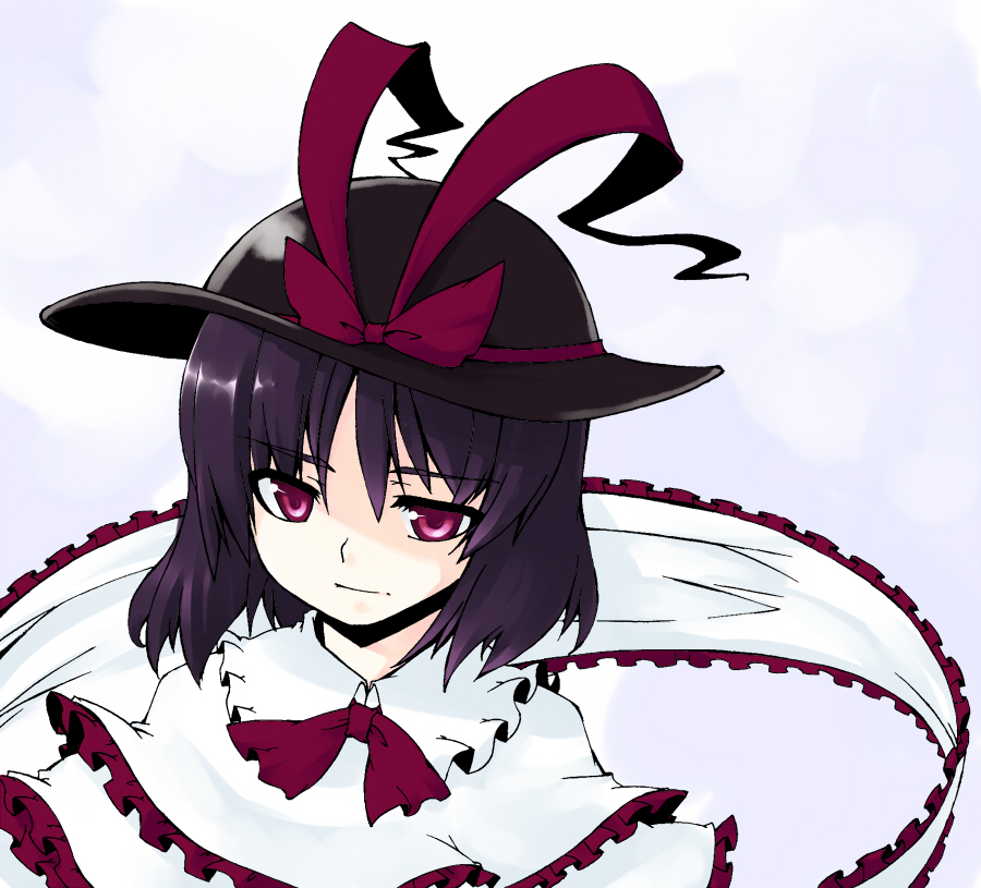 sakuraba yuuki, nagae iku, touhou, 1girl, female focus, frills, hat, purple hair, red eyes, short hair, solo