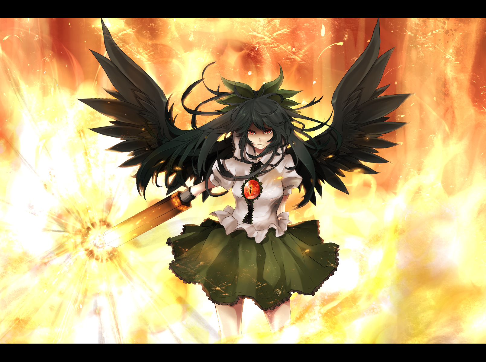 neota, reiuji utsuho, touhou, highres, 1girl, black hair, female focus, gradient background, letterboxed, long hair, red eyes, skirt, solo, wings