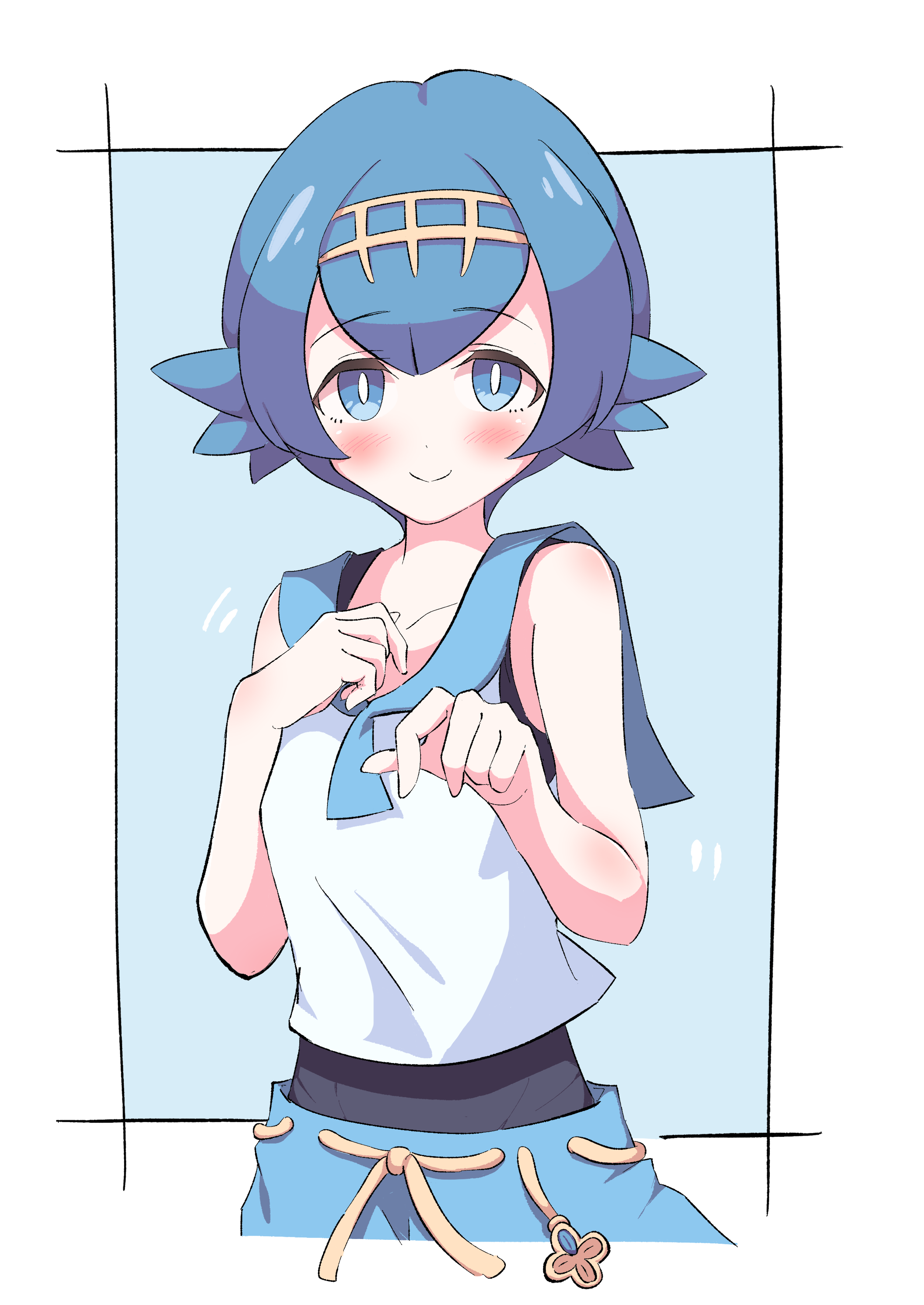 yuki nagisaa, lana (pokemon), nintendo, pokemon, pokemon sm, absurdres, highres, 1girl, blue background, blue eyes, blue hair, blue pants, blue sailor collar, blush, border, bright pupils, closed mouth, female focus, looking at viewer, pants, reaching, reaching towards viewer, sailor collar, school swimsuit, shirt, short hair, sidelocks, simple background, smile, solo, standing, swimsuit, swimsuit under clothes, tiara, trial captain, white shirt