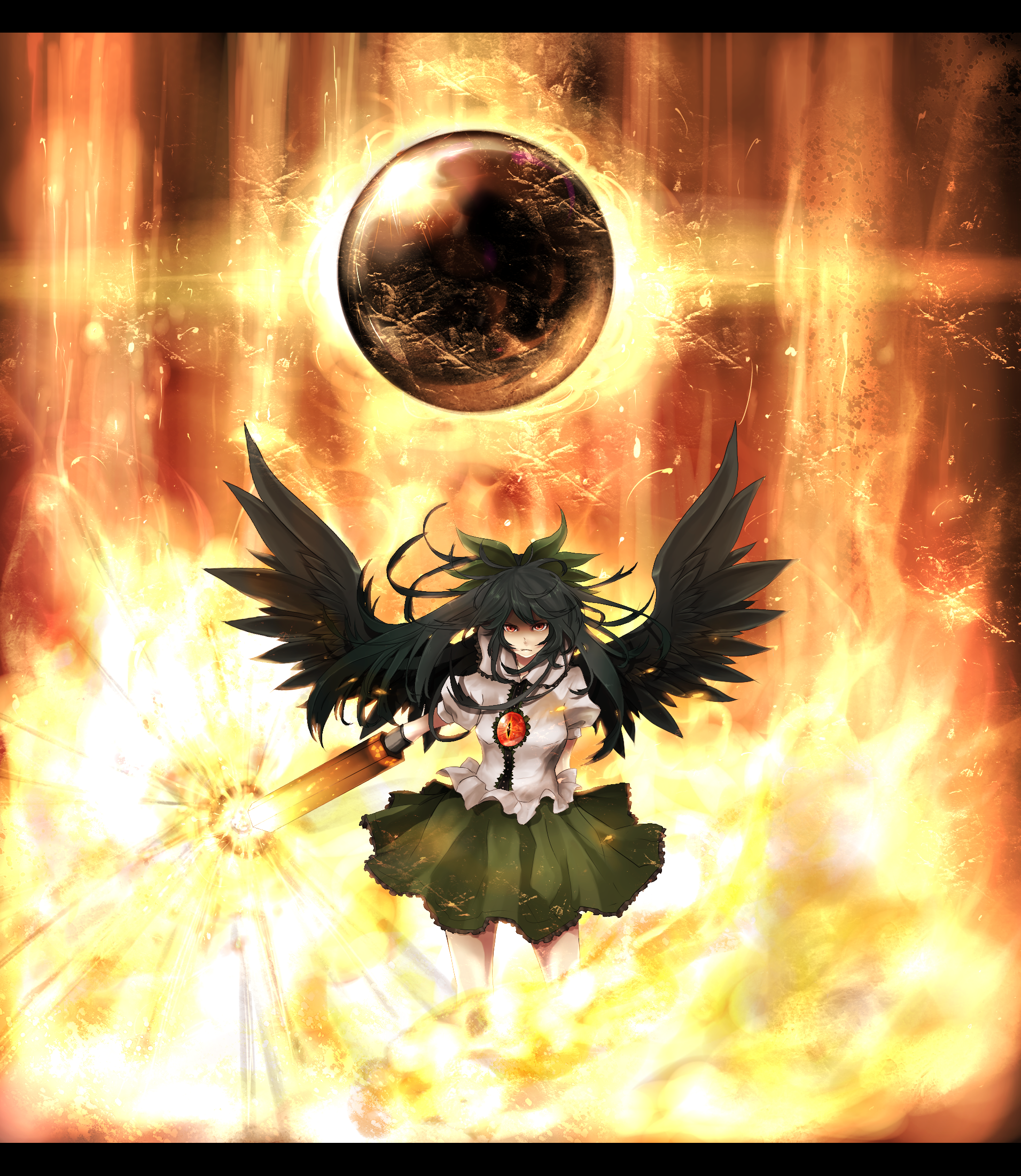 neota, reiuji utsuho, touhou, bad id, bad pixiv id, highres, 1girl, black hair, female focus, gradient background, letterboxed, long hair, red eyes, skirt, solo, wings
