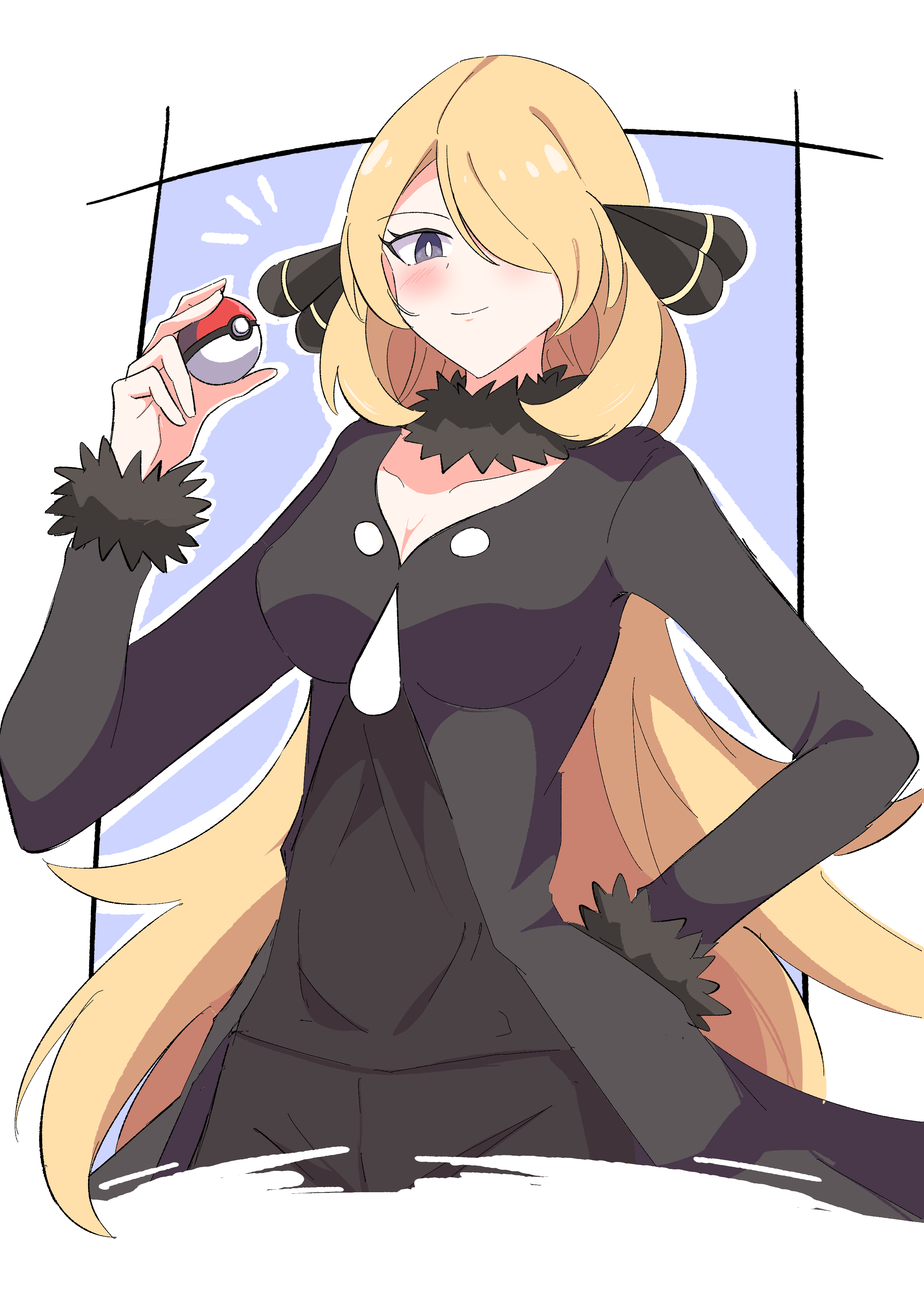 yuki nagisaa, cynthia (pokemon), nintendo, pokemon, pokemon dppt, absurdres, highres, 1girl, black coat, black pants, black shirt, blonde hair, blue background, blue eyes, border, breasts, cleavage, closed mouth, coat, female focus, hair ornament, hair over one eye, hand on own hip, holding, holding poke ball, long hair, looking at viewer, medium breasts, pants, poke ball, shirt, simple background, smile, solo, standing, very long hair