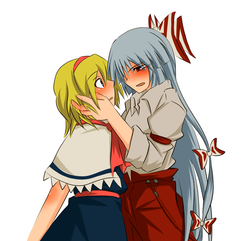 makoto (pixiv), makoto jon, alice margatroid, fujiwara no mokou, touhou, silver hair, 2girls, blonde hair, blue eyes, blush, eye contact, female focus, hair ribbon, hairband, hand on another's face, imminent kiss, japanese clothes, long hair, looking at another, miko, multiple girls, open mouth, red eyes, ribbon, serious, short hair, simple background, surprised, very long hair, white background, yuri