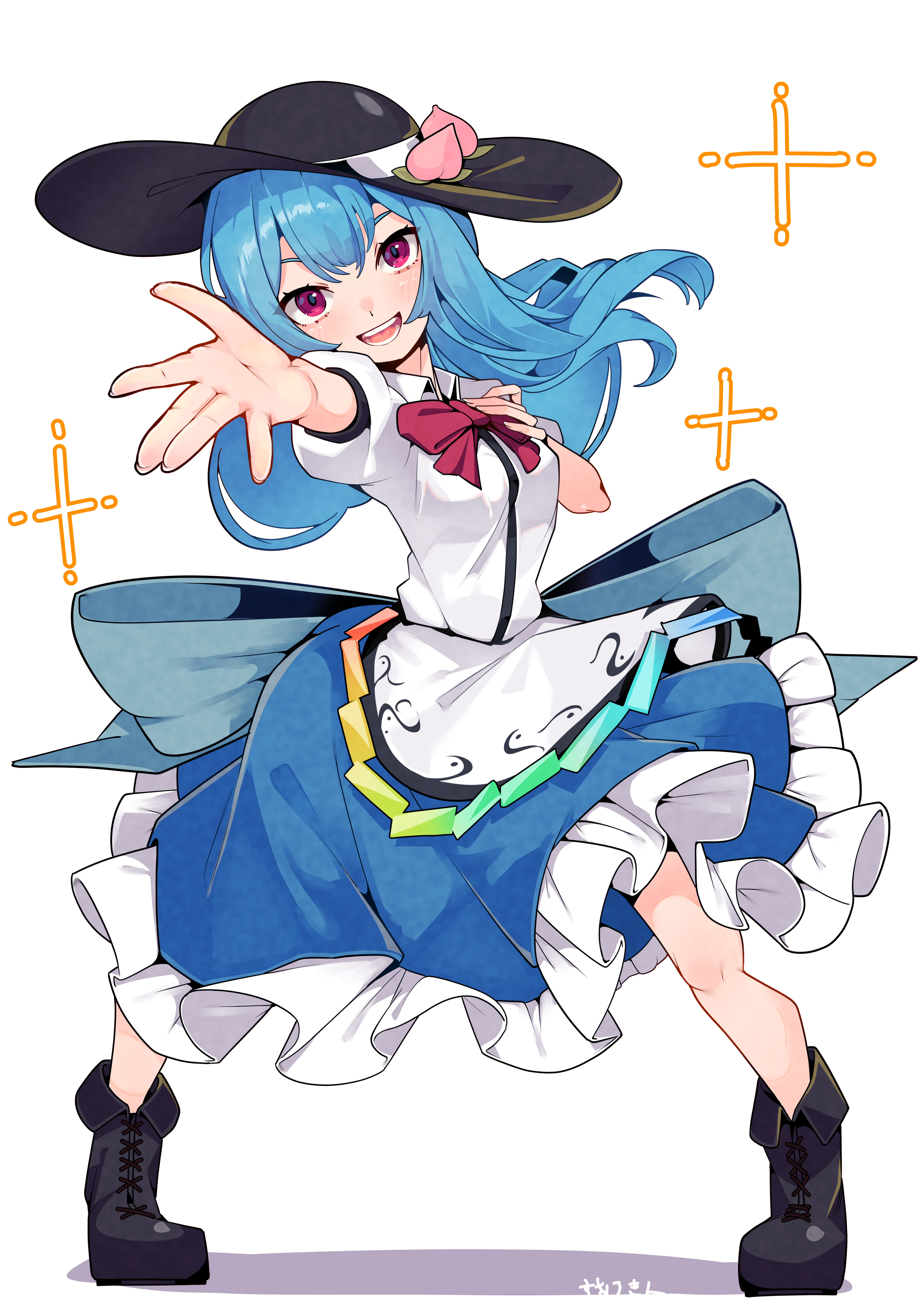 suarokin, hinanawi tenshi, touhou, absurdres, commentary, highres, 1girl, apron, back bow, black boots, black hat, blue bow, blue hair, blue skirt, boots, bow, bowtie, frilled skirt, frills, full body, hat, long hair, open mouth, purple eyes, reaching, reaching towards viewer, red bow, red bowtie, shirt, simple background, skirt, solo, sparkle, sparkling aura, standing, teeth, white apron, white background, white shirt