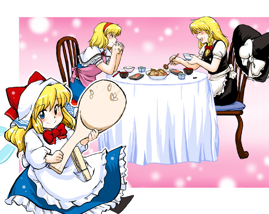 azuki osamitsu, alice margatroid, kirisame marisa, shanghai doll, touhou, 3girls, apron, azuki chou mitsu, bandaid, blonde hair, blue eyes, blush, braid, chair, clothes pin, dress, eating, female focus, gradient background, hat, multiple girls, own hands clasped, own hands together, rice, shamoji, short hair, sitting, smile, table, witch, witch hat