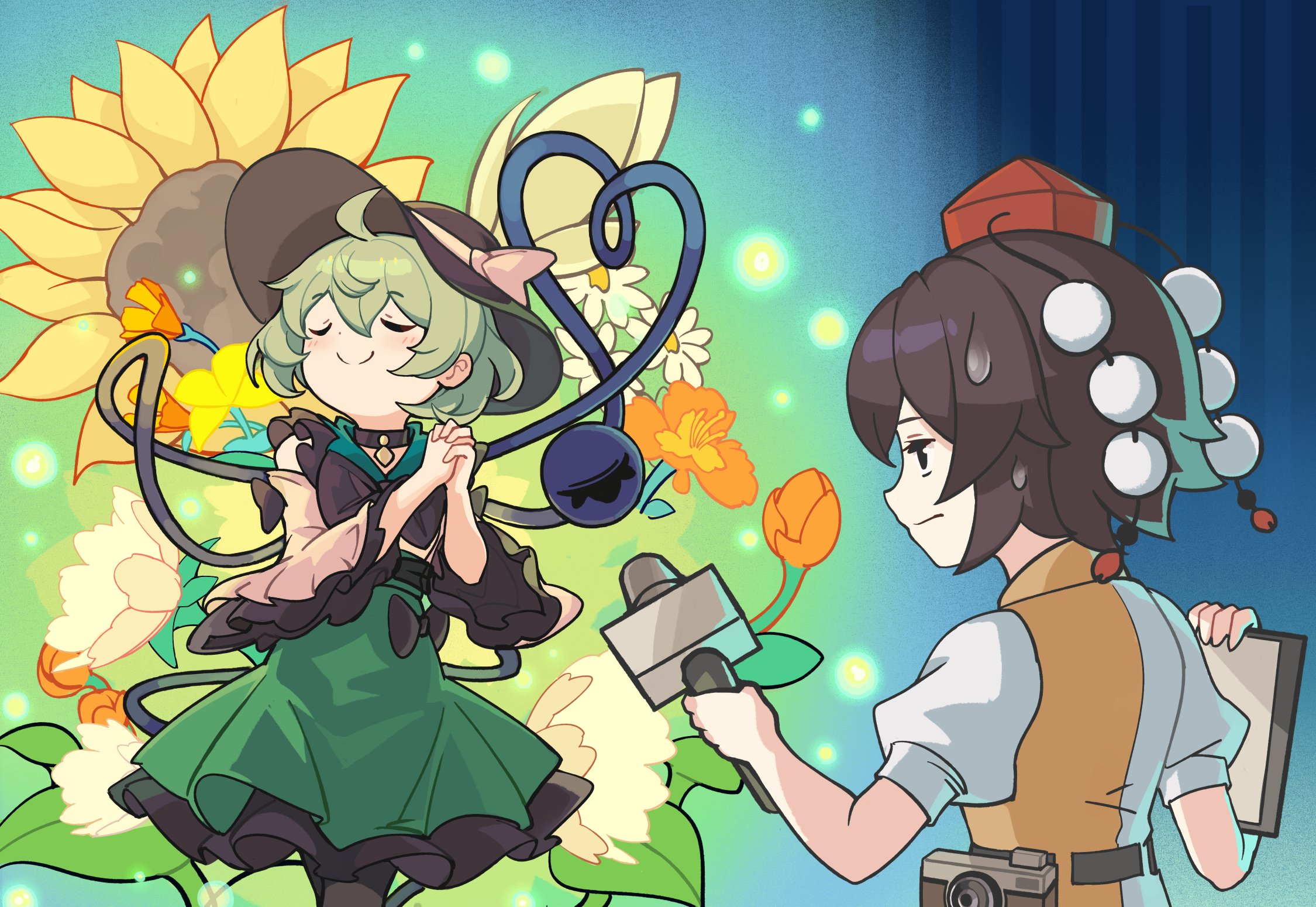 devilkillerx, komeiji koishi, shameimaru aya, touhou, highres, black eyes, black hair, black hat, blouse, blush, bow, camera, closed eyes, eyeball, flower, frilled shirt collar, frilled sleeves, frills, green hair, green skirt, hat, hat bow, hat ribbon, heart, heart of string, holding, holding microphone, microphone, multiple girls, ribbon, shirt, skirt, smile, sunflower, third eye, tokin hat, touhou lost branch of legend, white flower, yellow bow, yellow ribbon, yellow shirt