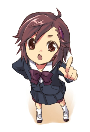 kiyoshi saya, aoba tsugumi, kannagi, bad id, bad pixiv id, lowres, 00s, brown eyes, brown hair, open mouth, pointing, school uniform, short hair, solo