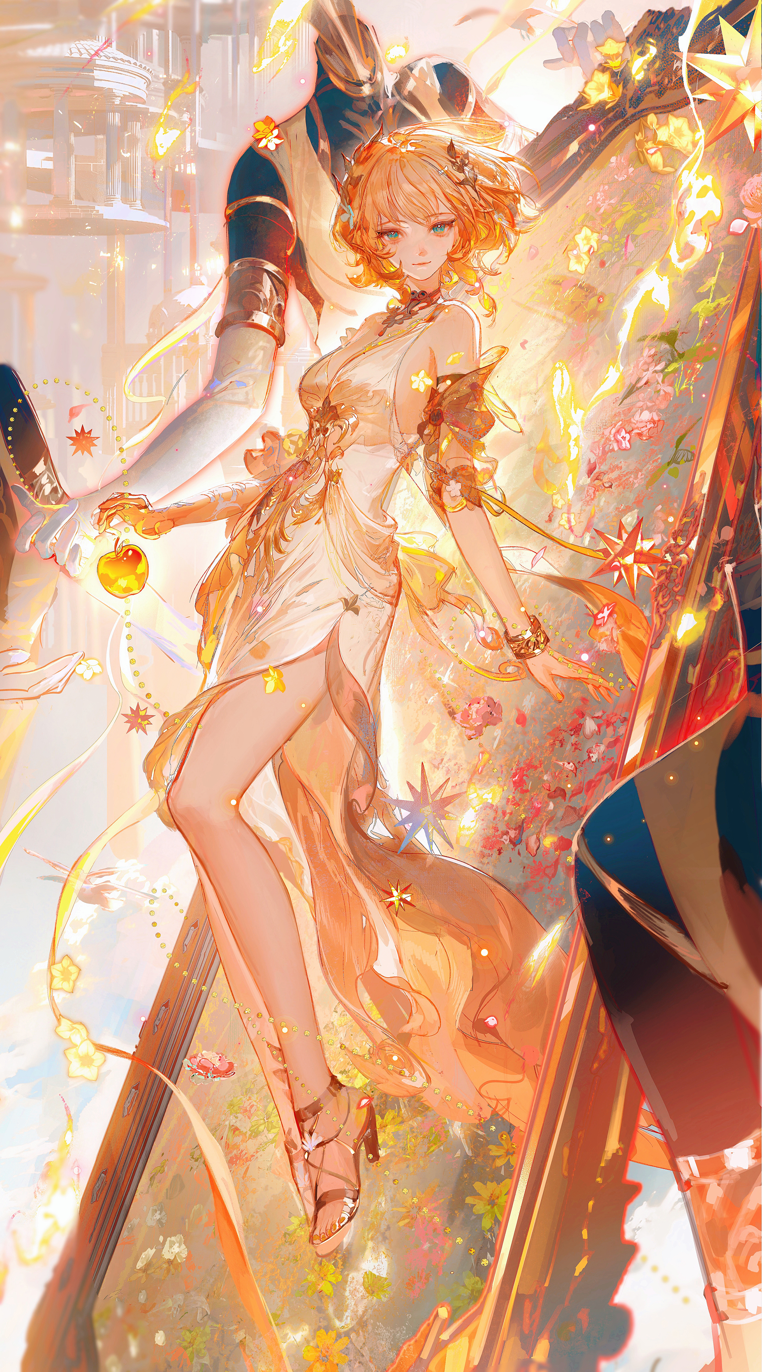 shaiziji, aglaea (honkai: star rail), honkai: star rail, honkai (series), absurdres, highres, second-party source, 1girl, bare shoulders, blonde hair, blue eyes, bracelet, breasts, dress, floating, flower, full body, garmentmaker (honkai: star rail), high heels, jewelry, looking at viewer, medium breasts, orange hair, parted lips, sandals, short hair, sideboob, solo, white dress