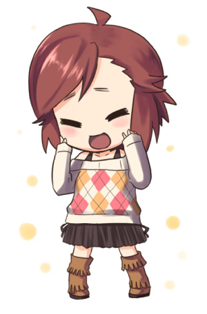 kiyoshi saya, aoba tsugumi, kannagi, bad id, bad pixiv id, lowres, 00s, 1girl, argyle clothes, argyle sweater, blush, brown hair, chibi, female focus, fringe trim, full body, hands on own face, happy, open mouth, skirt, solo, standing, sweater
