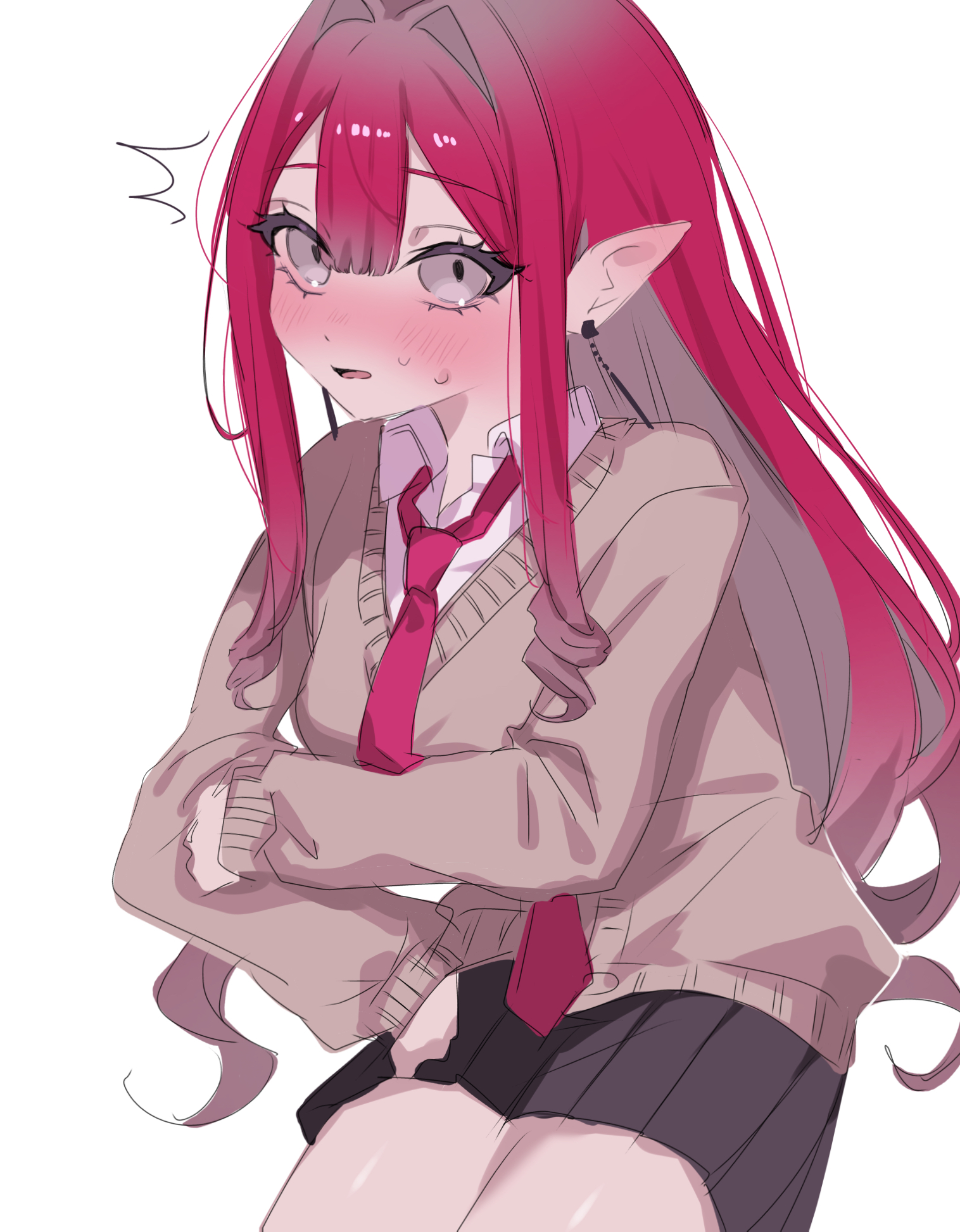 590kogure590, baobhan sith (fate), fate/grand order, fate (series), highres, 1girl, black skirt, blush, breasts, earrings, grey eyes, jewelry, long hair, long sleeves, looking at viewer, necktie, pink hair, pointy ears, red necktie, school uniform, sidelocks, sitting, skirt, solo, white background