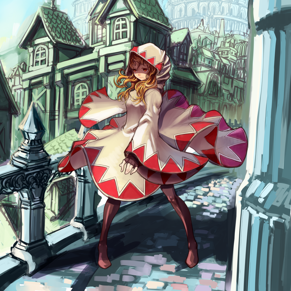 kansou samehada, white mage (final fantasy), final fantasy, bad id, bad pixiv id, 1girl, blonde hair, brown eyes, female focus, hood, outdoors, pantyhose, solo, thighhighs