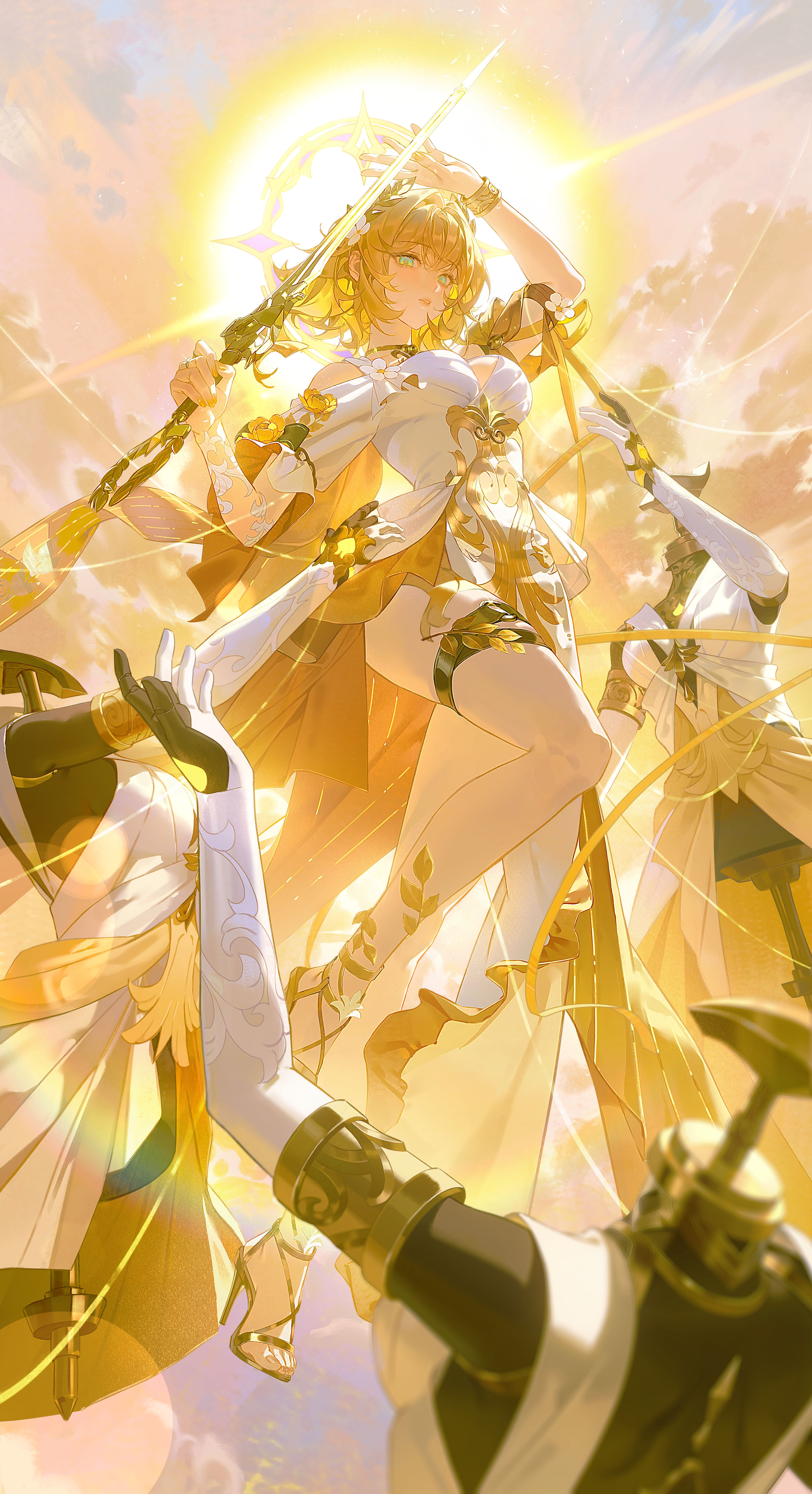 zhongjin, aglaea (honkai: star rail), honkai: star rail, honkai (series), absurdres, highres, second-party source, 1girl, ancient greek clothes, blonde hair, breasts, cloud, dress, full body, garmentmaker (honkai: star rail), greco-roman clothes, green eyes, high heel sandals, holding, holding sword, holding weapon, large breasts, laurel crown, legs, mannequin, sandals, short hair, sky, sun, sword, thighs, toes, weapon, white dress