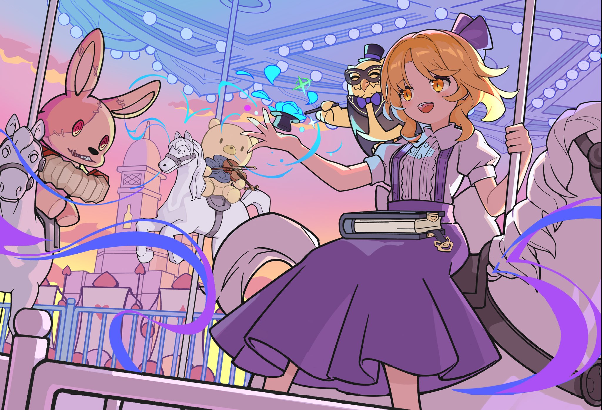 devilkillerx, alice margatroid, alice margatroid (pc-98), comic lo, touhou, highres, 1girl, amusement park, bird, blonde hair, blue hairband, blush, book, carousel, castle, flower, grimoire, grimoire of alice, hair bobbles, hair ornament, hairband, hat, holding, holding book, horse, horseback riding, magic, open mouth, owl, puffy short sleeves, puffy sleeves, riding, short sleeves, skirt, smile, stuffed toy, suspender skirt, suspenders, teeth, touhou lost branch of legend, upper teeth only