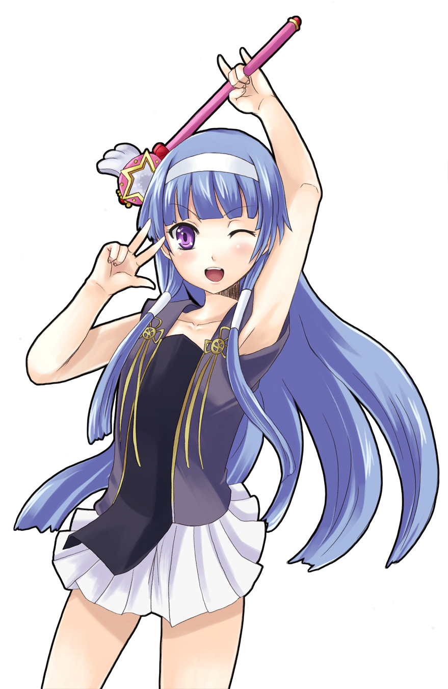 hinata sora, nagi, kannagi, highres, 00s, 1girl, armpits, blue hair, blunt bangs, collarbone, female focus, hair tubes, long hair, one eye closed, pleated skirt, skirt, smile, solo, v, very long hair, white skirt, wink