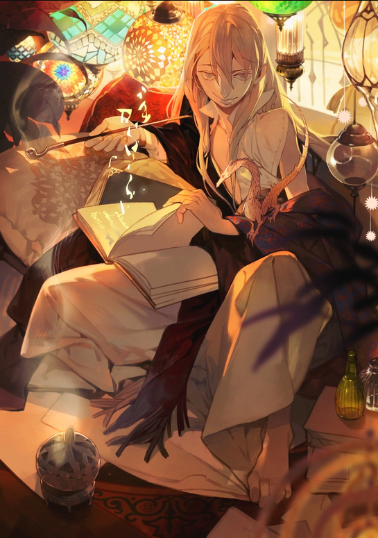 shishio (shishio5431), original, chinese commentary, 1boy, animal on arm, armillary sphere, barefoot, black shawl, blonde hair, blurry, book, book stack, bottle, cushion, depth of field, dragon, fringe trim, full body, grey eyes, hair between eyes, hanging light, holding, holding book, holding smoking pipe, incense burner, indoors, knee up, lantern, lips, long hair, long sleeves, looking at viewer, male focus, open book, plant, plunging neckline, popped collar, robe, rug, runes, shawl, single sleeve, sitting, small dragon, smile, smoke, smoking pipe, solo, upturned eyes, white robe, window