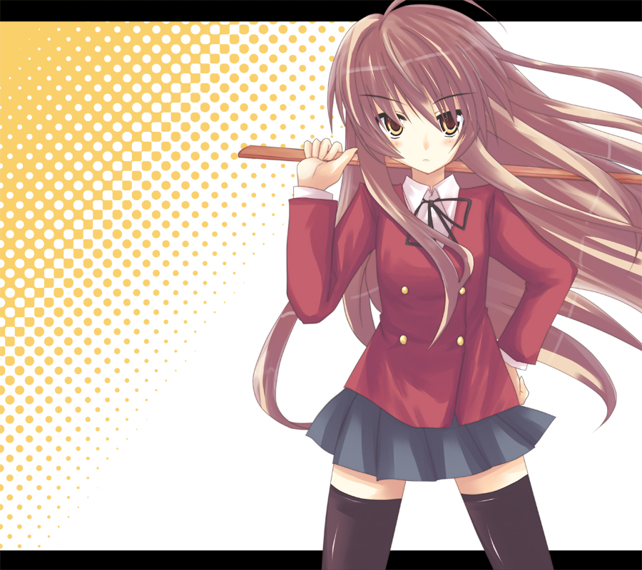 akane souichi, aisaka taiga, toradora!, bad id, bad pixiv id, 00s, 1girl, black thighhighs, blush, bokken, brown hair, female focus, hand on own hip, hip focus, long hair, polka dot, school uniform, skirt, solo, sword, thighhighs, very long hair, weapon, wooden sword, yellow eyes, zettai ryouiki