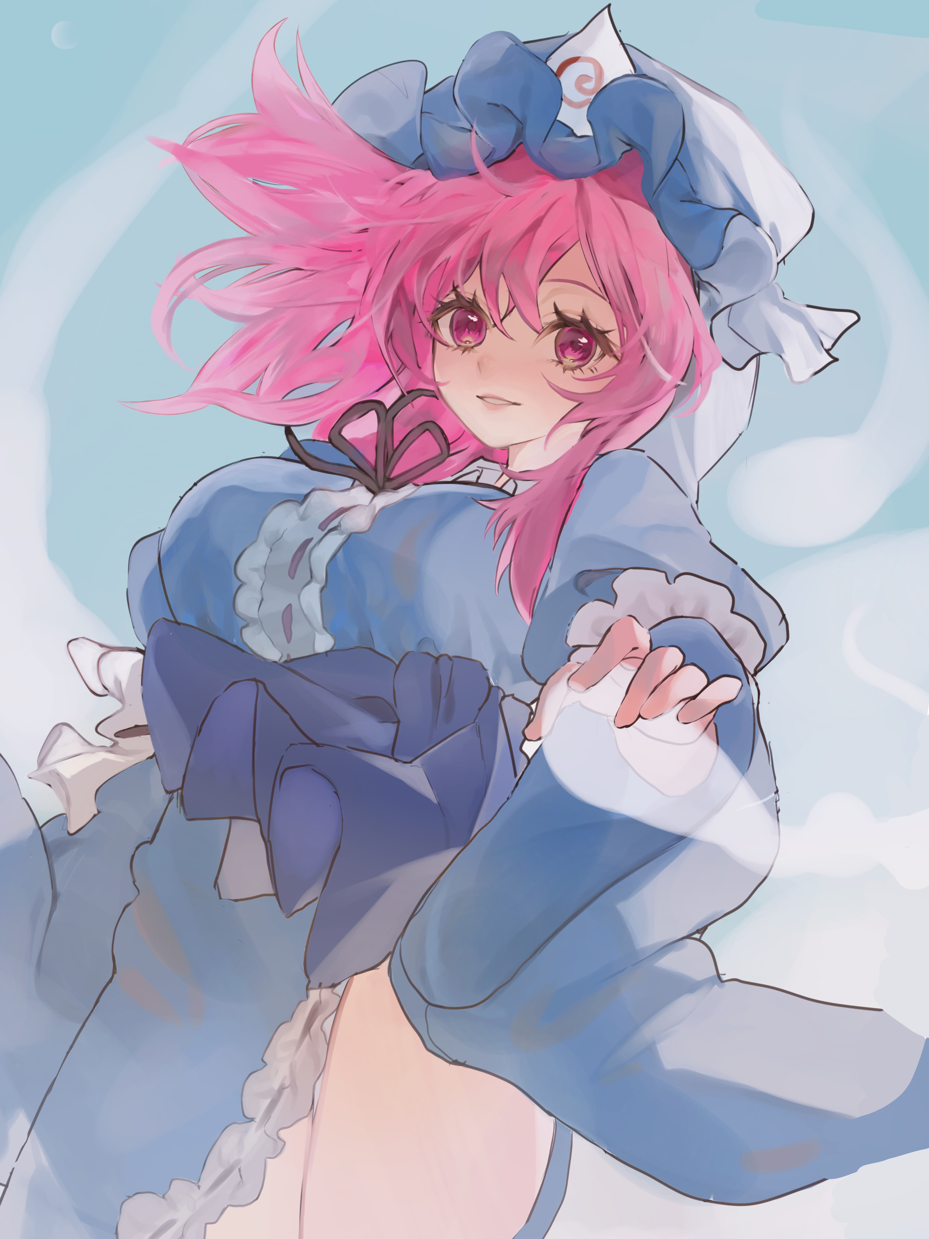 ebi mayopuri, saigyouji yuyuko, touhou, absurdres, commentary, highres, 1girl, blue bow, blue dress, blue hat, bow, dress, hat, hitodama, looking at viewer, mob cap, pink eyes, pink hair, side slit, solo, thighhighs