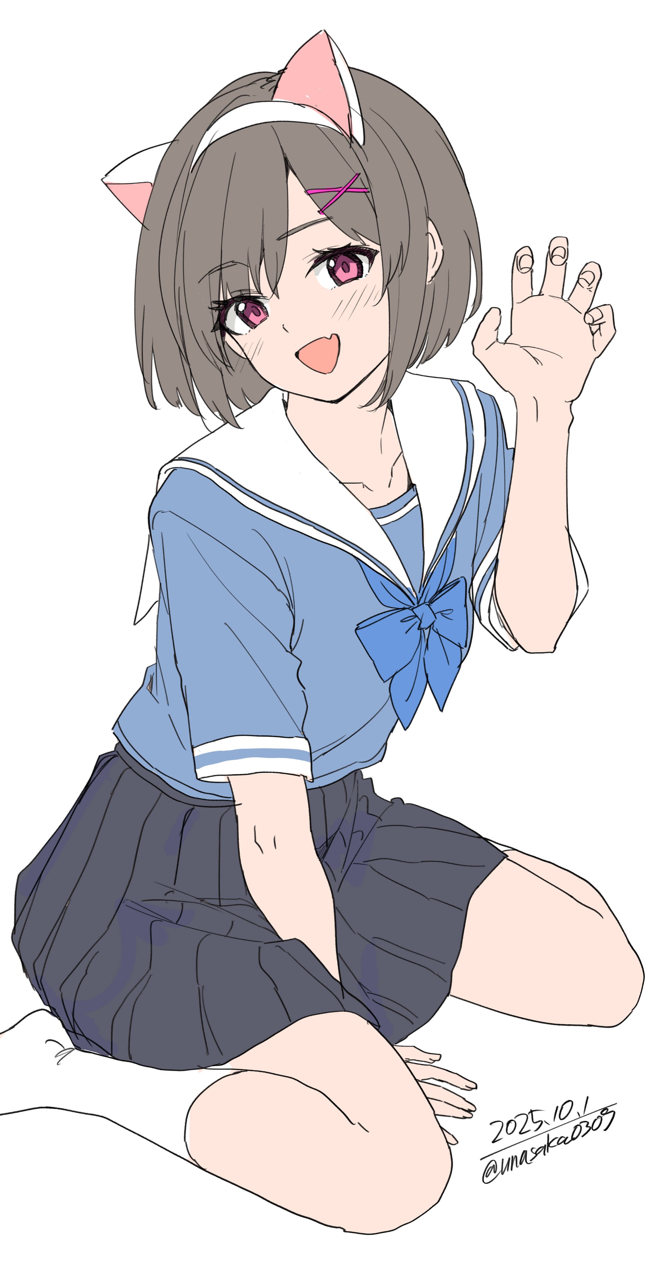 unasaka ryou, original, absurdres, highres, 1girl, animal ears, black skirt, blue bow, blue shirt, bow, breasts, brown hair, cat ears, claw pose, collarbone, fake animal ears, fang, hairband, looking at viewer, open mouth, pleated skirt, red eyes, sailor collar, school uniform, shirt, short hair, short sleeves, simple background, sitting, skin fang, skirt, smile, socks, solo, white background, white hairband, white sailor collar, white socks, yokozuwari