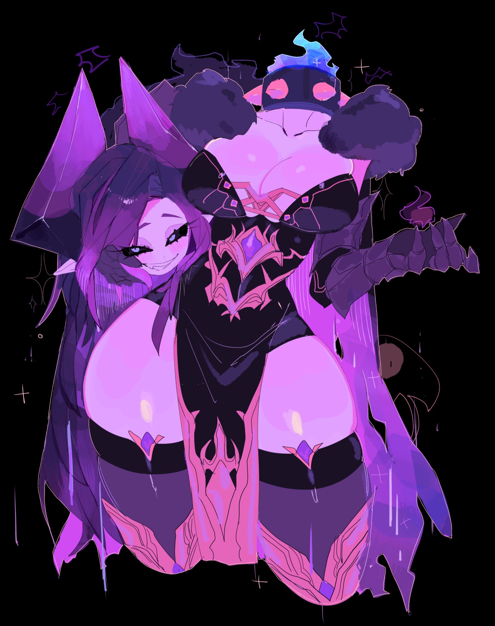 usa37107692, original, highres, 1girl, armored gloves, black background, black dress, black sclera, black thighhighs, blush, breasts, cape, cleavage, closed mouth, collar, collarbone, colored sclera, colored skin, cropped legs, disembodied head, dress, dullahan, fire, fur-trimmed cape, fur trim, grin, headless, holding detached head, horns, large breasts, long hair, looking at viewer, monster girl, naughty face, pelvic curtain, pointy ears, purple cape, purple eyes, purple hair, purple horns, purple skin, simple background, sleeveless, sleeveless dress, smile, solo, spiked collar, spikes, strapless, strapless dress, thick thighs, thighhighs, thighs, wide hips