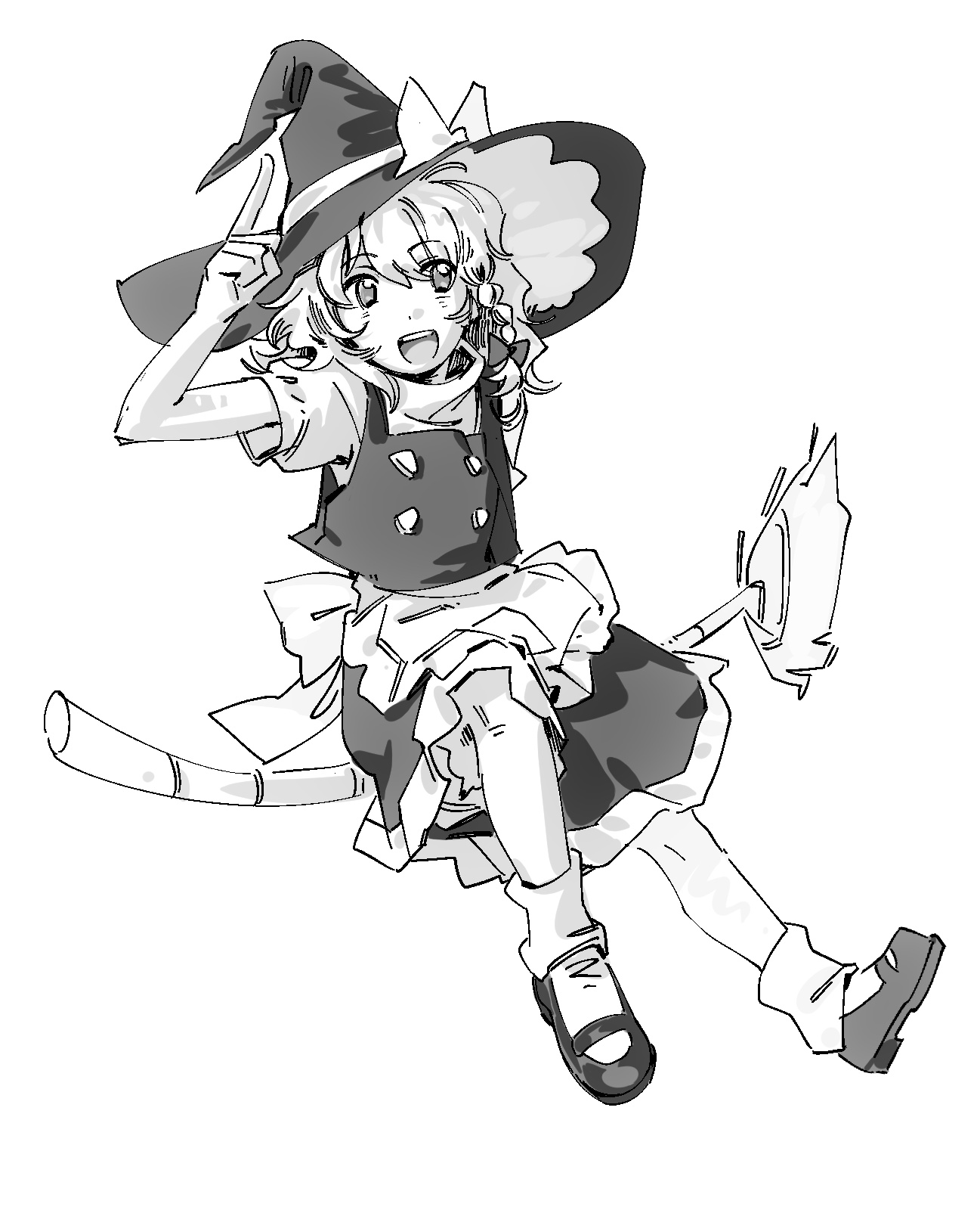 nme 0039, kirisame marisa, touhou, highres, 1girl, apron, bow, braid, braided sidelock, broom, broom riding, buttons, double-breasted, full body, greyscale, hair bow, hat, index finger raised, looking at viewer, mary janes, monochrome, open mouth, shoes, simple background, skirt, socks, solo, teeth, upper teeth only, witch hat