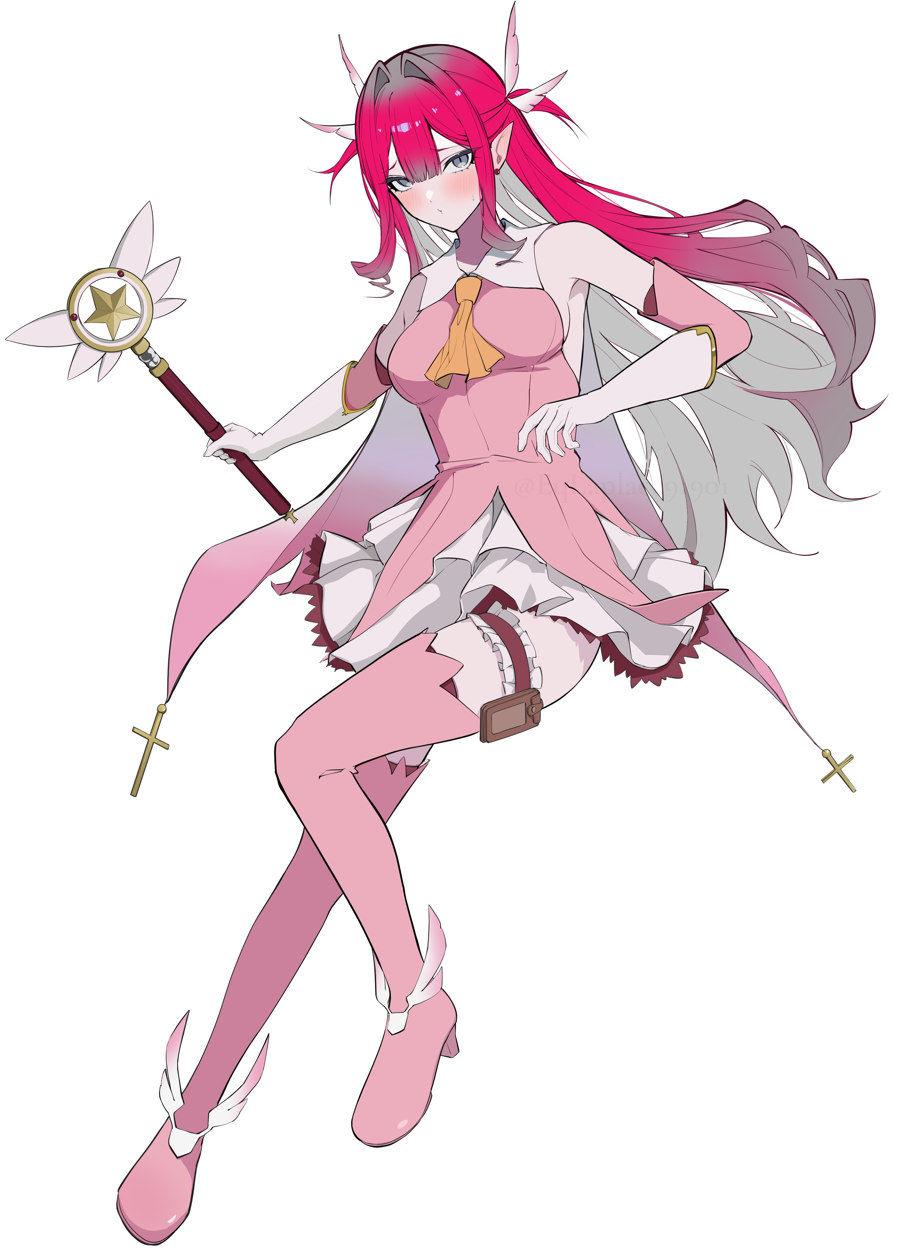uriuriyukitti, baobhan sith (fate), illyasviel von einzbern, kaleidostick, magical ruby, prisma illya, fate/grand order, fate (series), absurdres, highres, revision, 1girl, bare shoulders, blush, boots, breasts, cosplay, detached sleeves, dress, full body, grey eyes, large breasts, long hair, looking at viewer, pink dress, pointy ears, prisma illya (cosplay), red hair, skirt, solo, thigh boots