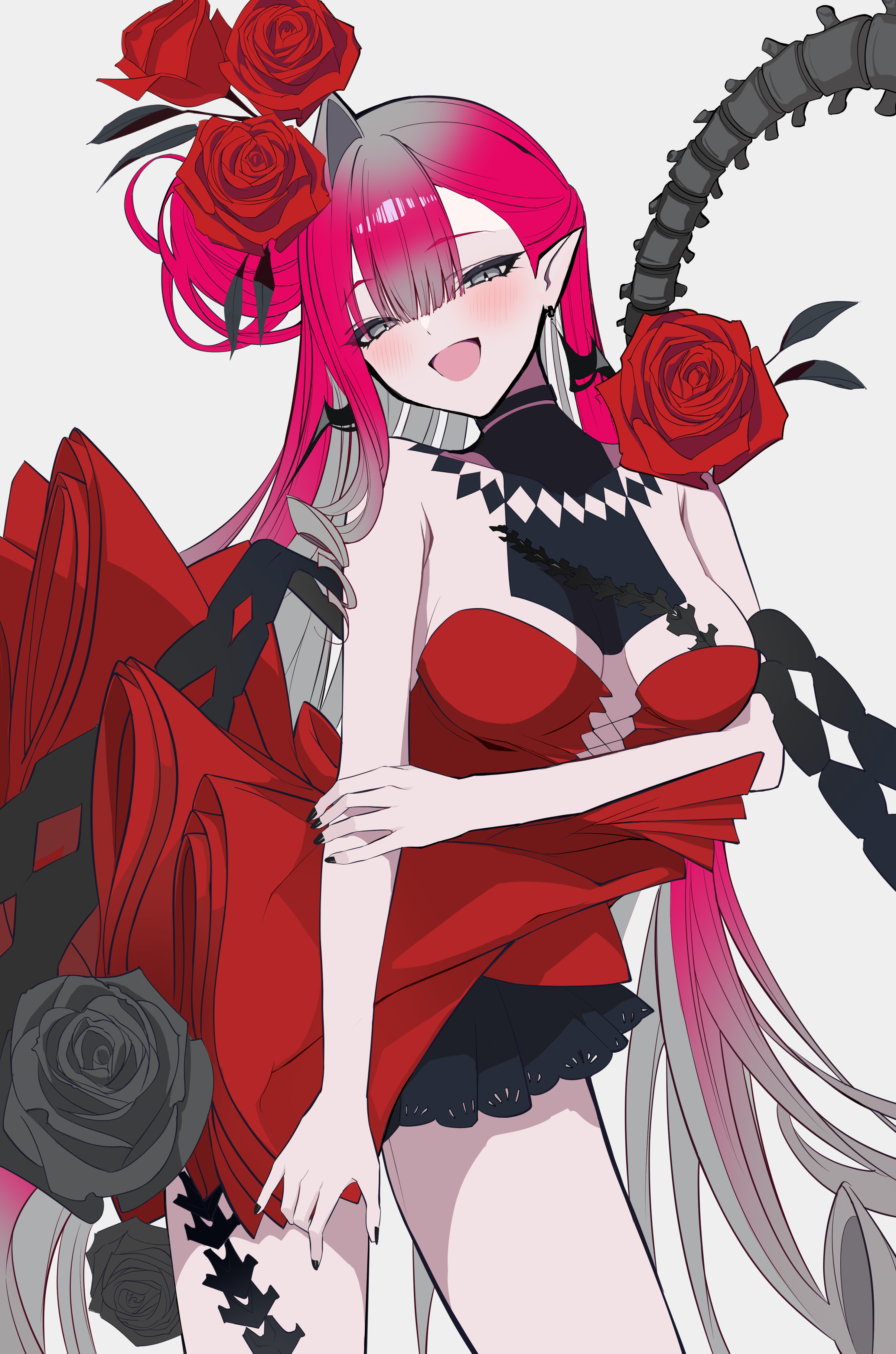 uriuriyukitti, baobhan sith (celebratory attire) (fate), baobhan sith (fate), fate/grand order, fate (series), absurdres, highres, revision, 1girl, bare shoulders, blush, breasts, cleavage, detached collar, dress, earrings, flower, grey eyes, hair flower, hair ornament, jewelry, large breasts, long hair, looking at viewer, open mouth, pink hair, pointy ears, red dress, rose, sidelocks, smile, solo, thighs
