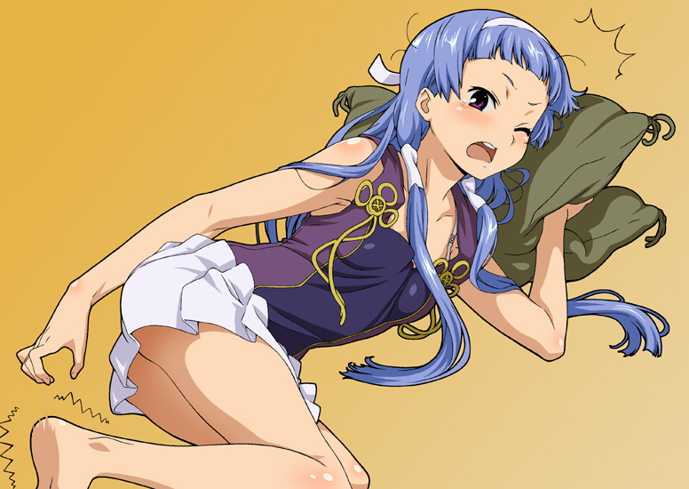 isse, nagi, kannagi, 00s, 1girl, barefoot, blue hair, blunt bangs, cramp, female focus, flat chest, hair tubes, hairband, long hair, lying, one eye closed, purple eyes, solo, wink