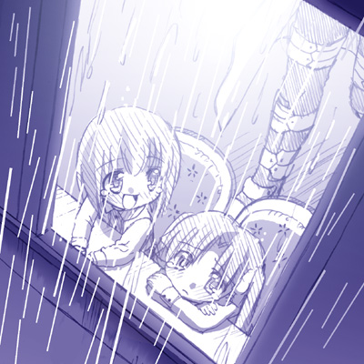 st parasu, archer (fate), matou sakura, tohsaka rin, fate/stay night, fate (series), lowres, 00s, 1boy, 2girls, aged down, monochrome, multiple girls, purple theme, rain, teardrop, window, windowsill
