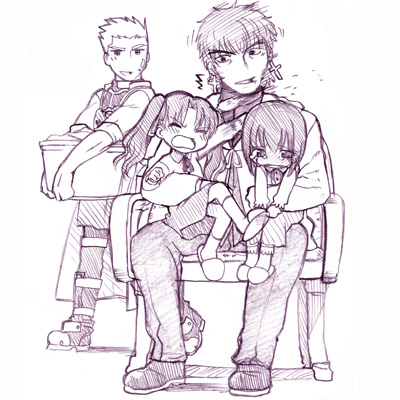 st parasu, archer (fate), kotomine kirei, matou sakura, tohsaka rin, fate/stay night, fate (series), lowres, 00s, 2boys, 2girls, ^^^, aged down, angry, child, cross, fighting, monochrome, motion blur, multiple boys, multiple girls, parted bangs, purple theme, simple background, sitting, sleeves rolled up, socks, spiked hair, tears, white background
